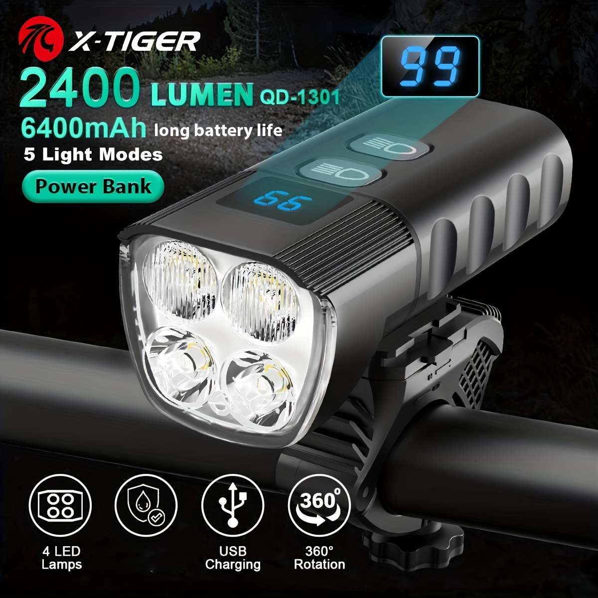 

X-tiger Usb Rechargeable Bike Headlight - Super Bright Waterproof Front Light With 4 Leds For Outdoor Cycling