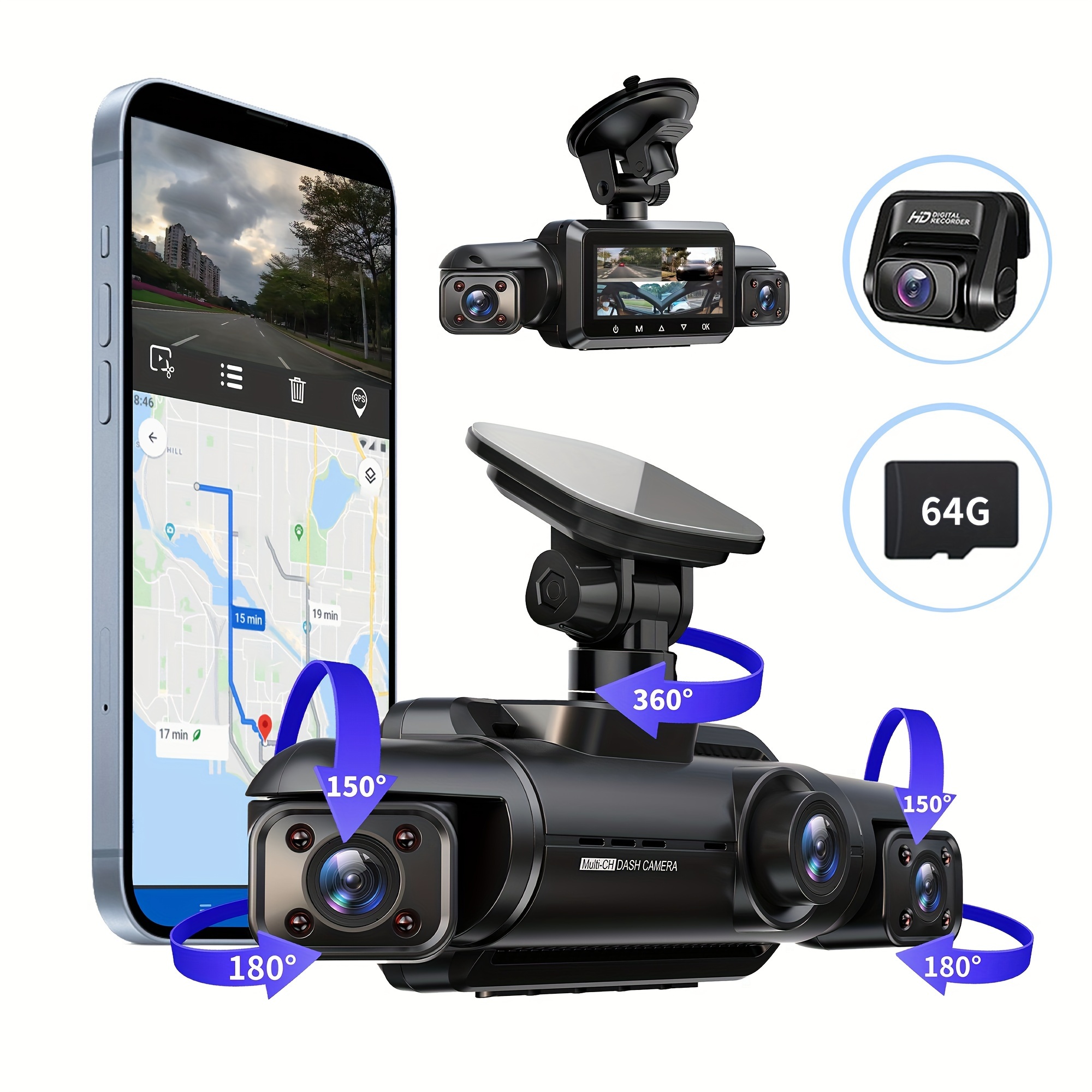 

360° Dash Cam Front And Rear Inside, 4 Channels Fhd 4 * 1080p, Wi-fi Gps Car Camera, Free 64gb Sd Card, Night Vision, Without Battery