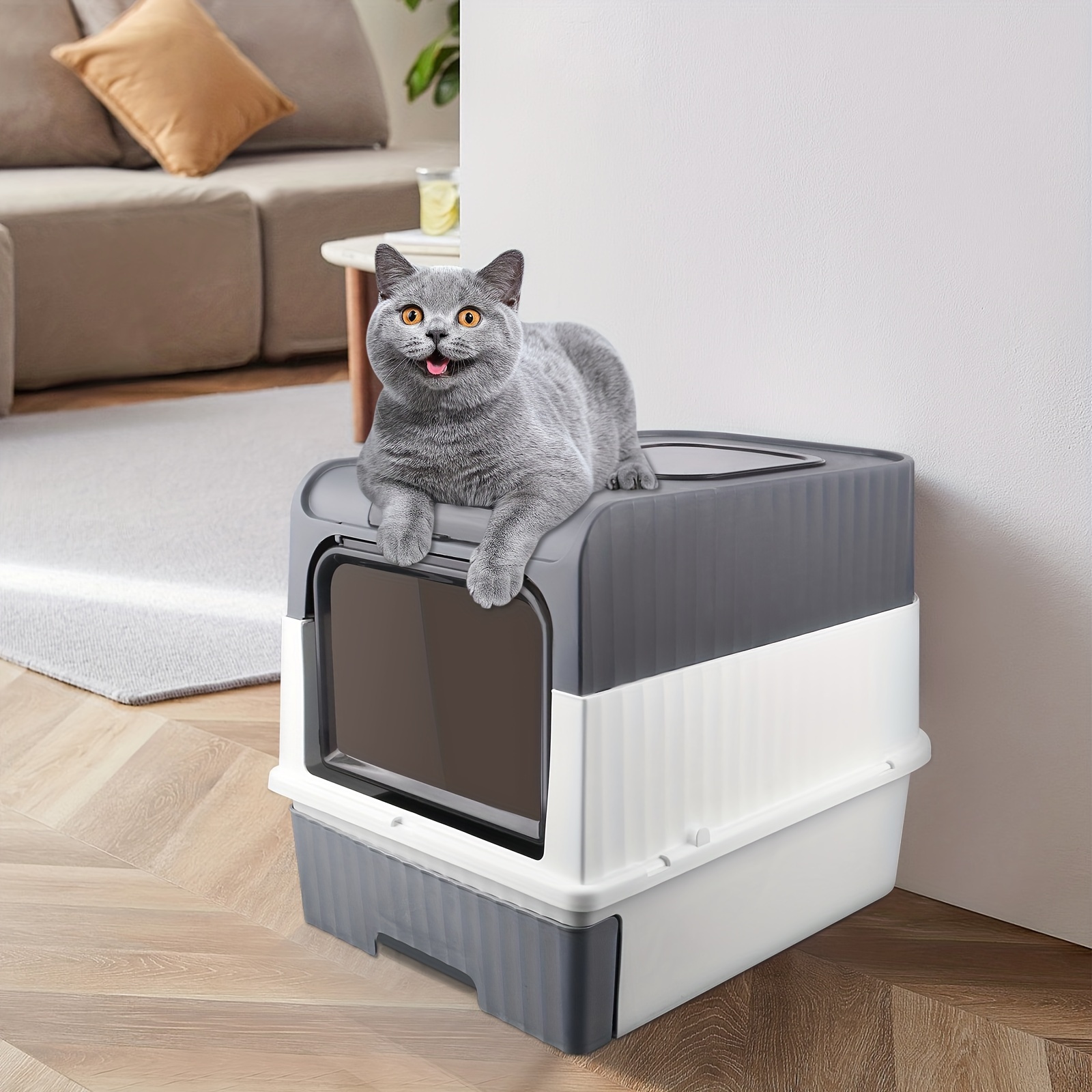 TEMU Cat Litter Box, Cat Toilet, Enclosed Litter Box With Lid, Pull-out Tray - Gray