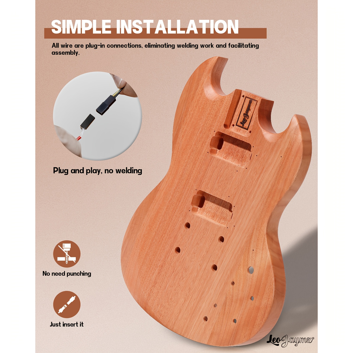 Leo Jaymz 1pc DIY Electric Guitar Kit - S-S-S Pickup Configuration, Ebony Fretboard, Maple Neck, Mahogany Body - Single Tremolo Bridge, 22 Frets, Fully Enclosed Tuning Pegs, Room Electrical Wiring