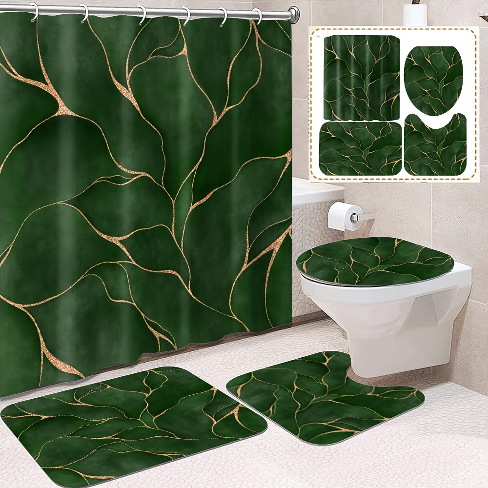 

1/4pcs Green Crackle Pattern Shower Curtain Set, Shower Curtain With 12 Hooks, Non-slip Bath Mat, U-shaped Toilet Mat, Toilet Mat, Bathroom Decor Accessories