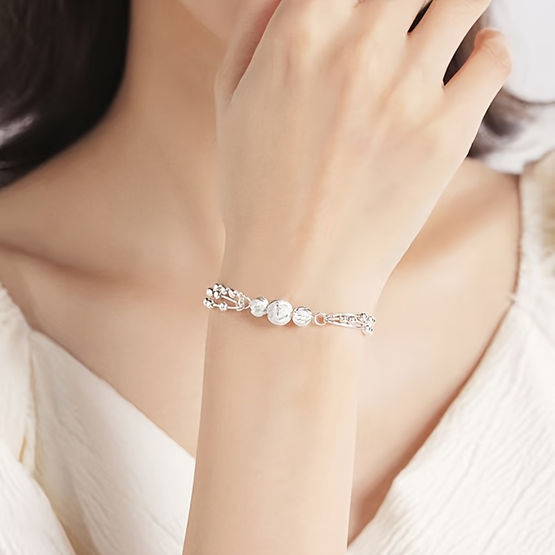 TEMU 1 Bracelet en argent sterling 925 multicouche avec perles givrées | Durable, hypoallergénique, nickel, pour la Saint-Valentin pour des femmes