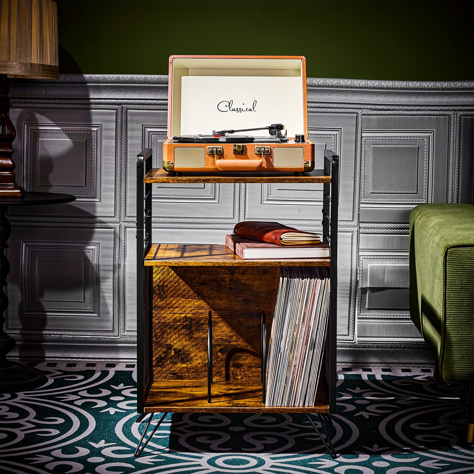 Meuble Tourne-disque Vertical Avec Rangement Vinyles - Hauteur 180 Cm - Capacité 200 Disques - Plateau Large
