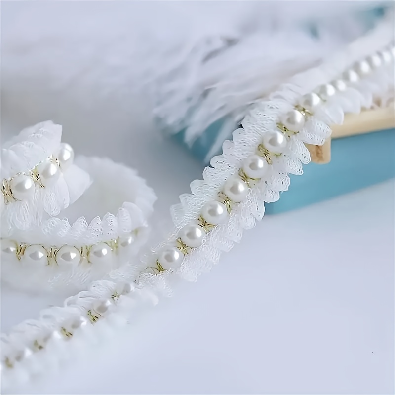 TEMU Elegant Wedding Lace Trim With Pearl Beads - 2cm Wide (0.8cm Narrower Than Typical Lace Trim) For Bridal Dresses, Formal Gowns, Birthday Party