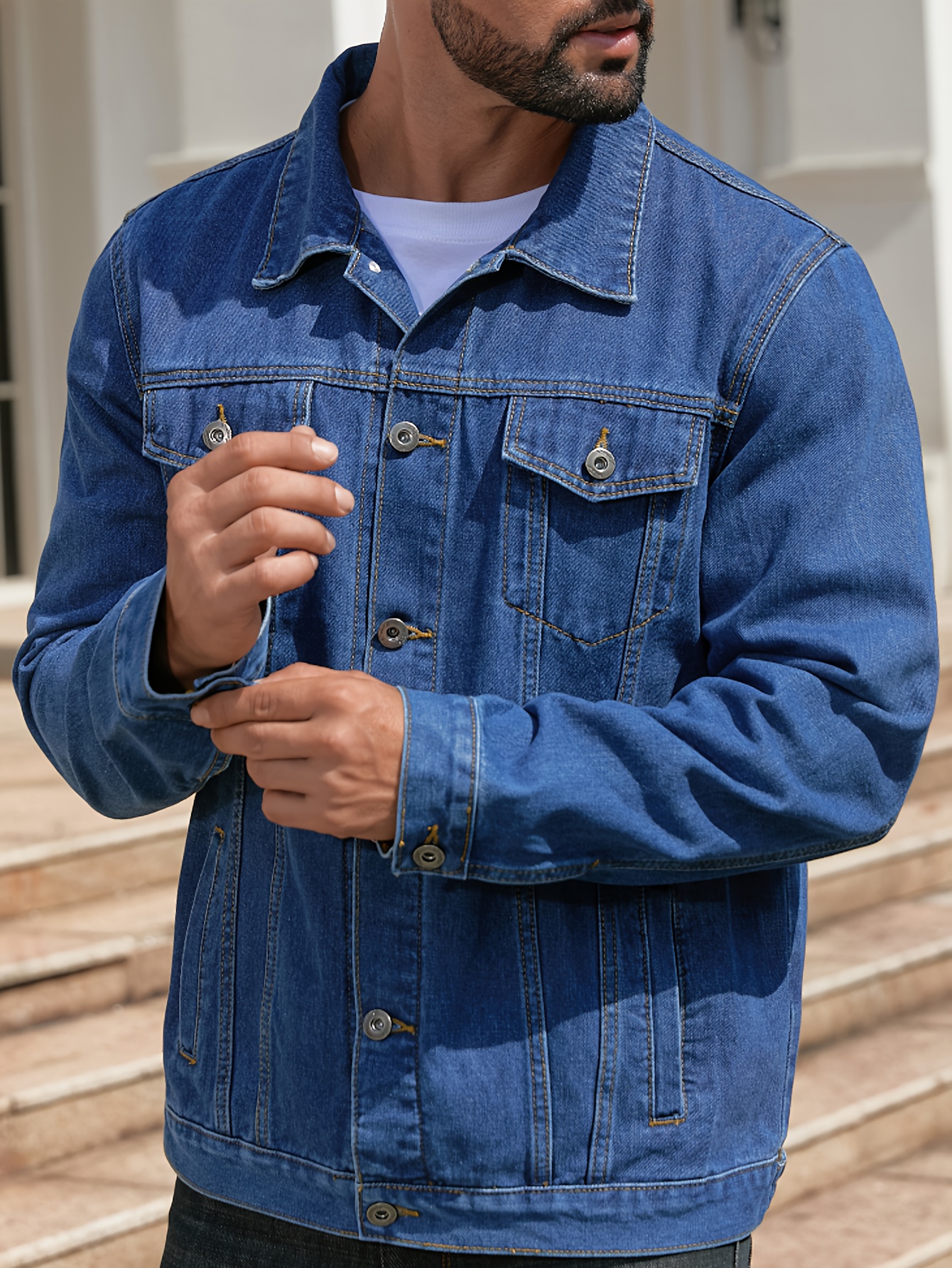Men'S Thick Denim Jacket | Blue Casual Workwear With Lapel Collar, Single Breasted Button Closure, Regular Fit, Long Sleeves, Pocket Details