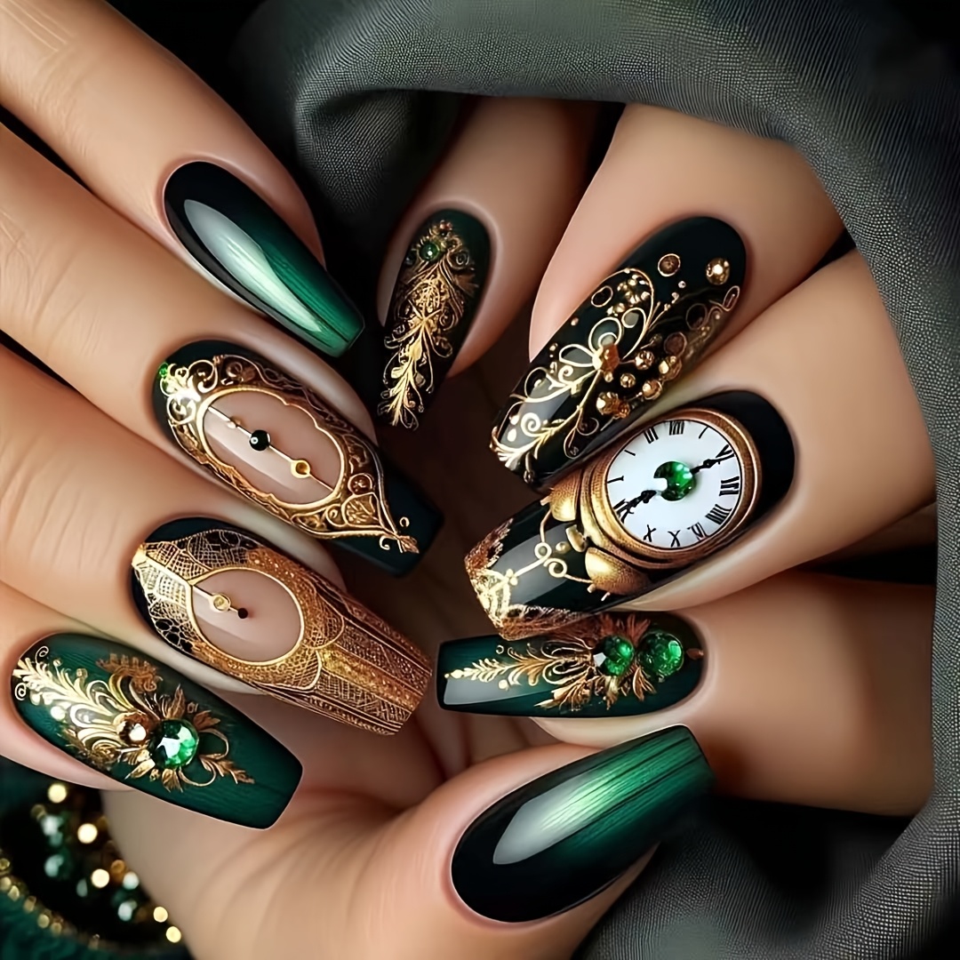 

Ensemble de 24 Ongles Automne & Hiver - Dégradé Noir Brillant à Vert avec Design Horloge Dorée, Ballet Moyenne, Inclut Lime à Ongles & Adhésif en Gelée - pour Femmes et Filles