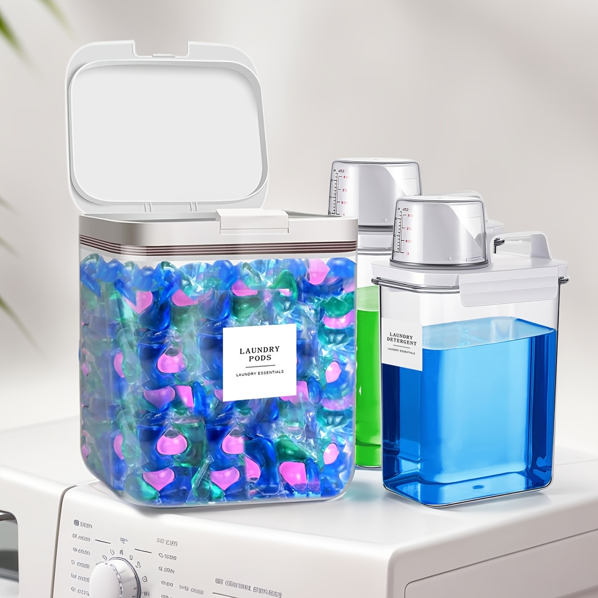 3-teiliges Badezimmer-Behälter-Set, 2-teiliger Waschmittelspender + 1-teiliger Wäschekapsel-Behälter, Waschmittel, Pulver, Duftverstärker, Trocknerball, Aufbewahrungsbox, Kanister