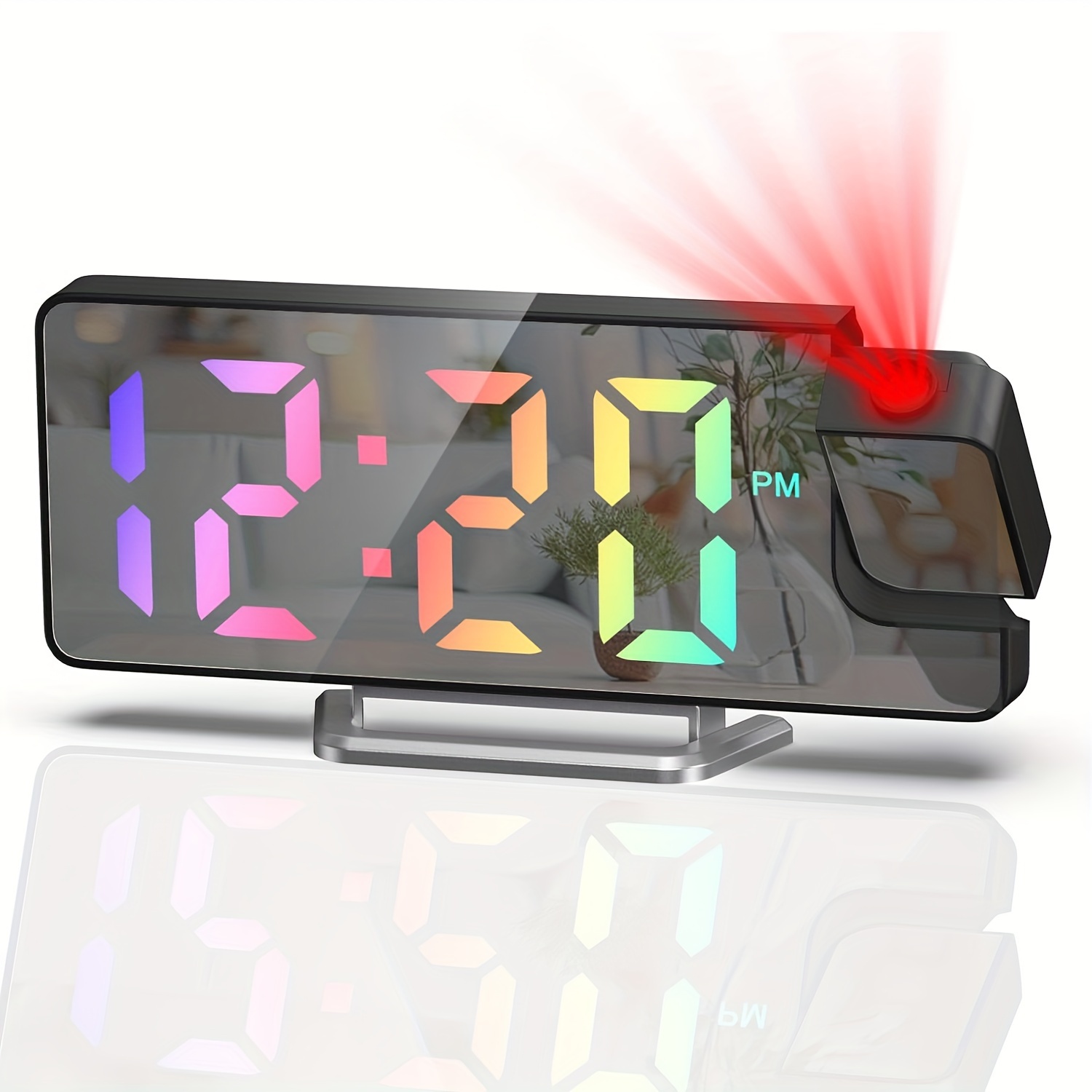 

Digital Alarm Clock With Mirror Projection, Led Display, Temperature Indicator, , Adjustable , 12/24h , Usb Powered, Plastic Rectangle Shape For Bedroom And Home Office