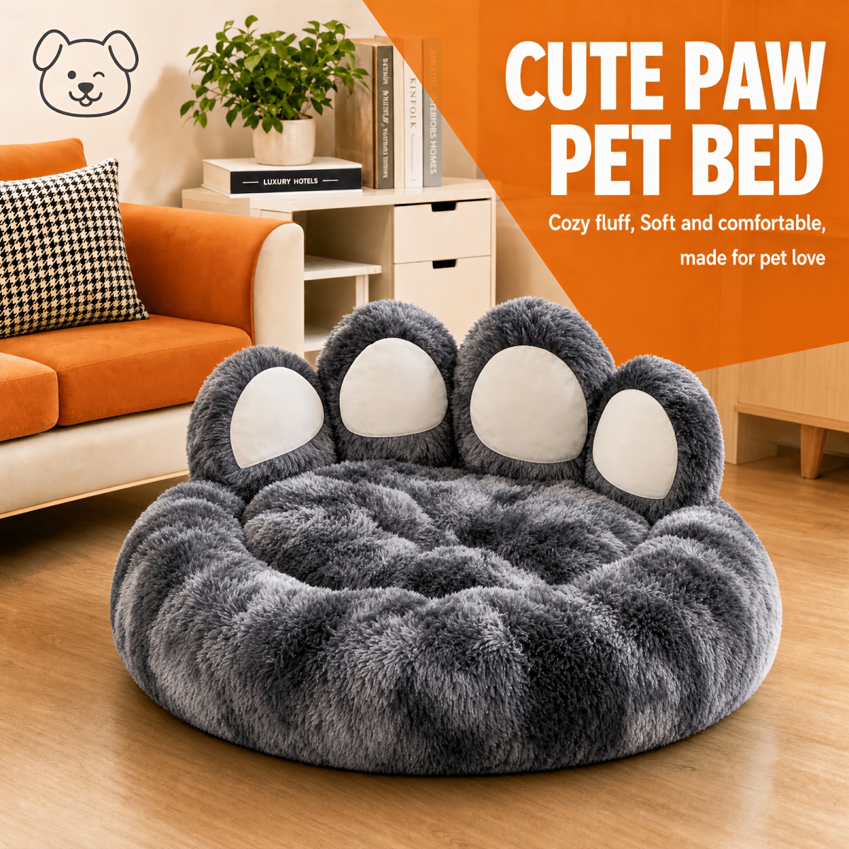 Large Dog Bed Warm Fluffy Paw Donut Bed for Pets, Anti-Anxiety & Plush, Washable, Gray Cozy Paw Shape Calming Pet Bed for Dogs & Cats, Plush Faux Fur Donut Cuddler Teddy Bear Dog Bed Donut Dog Bed Calming Dog Bed