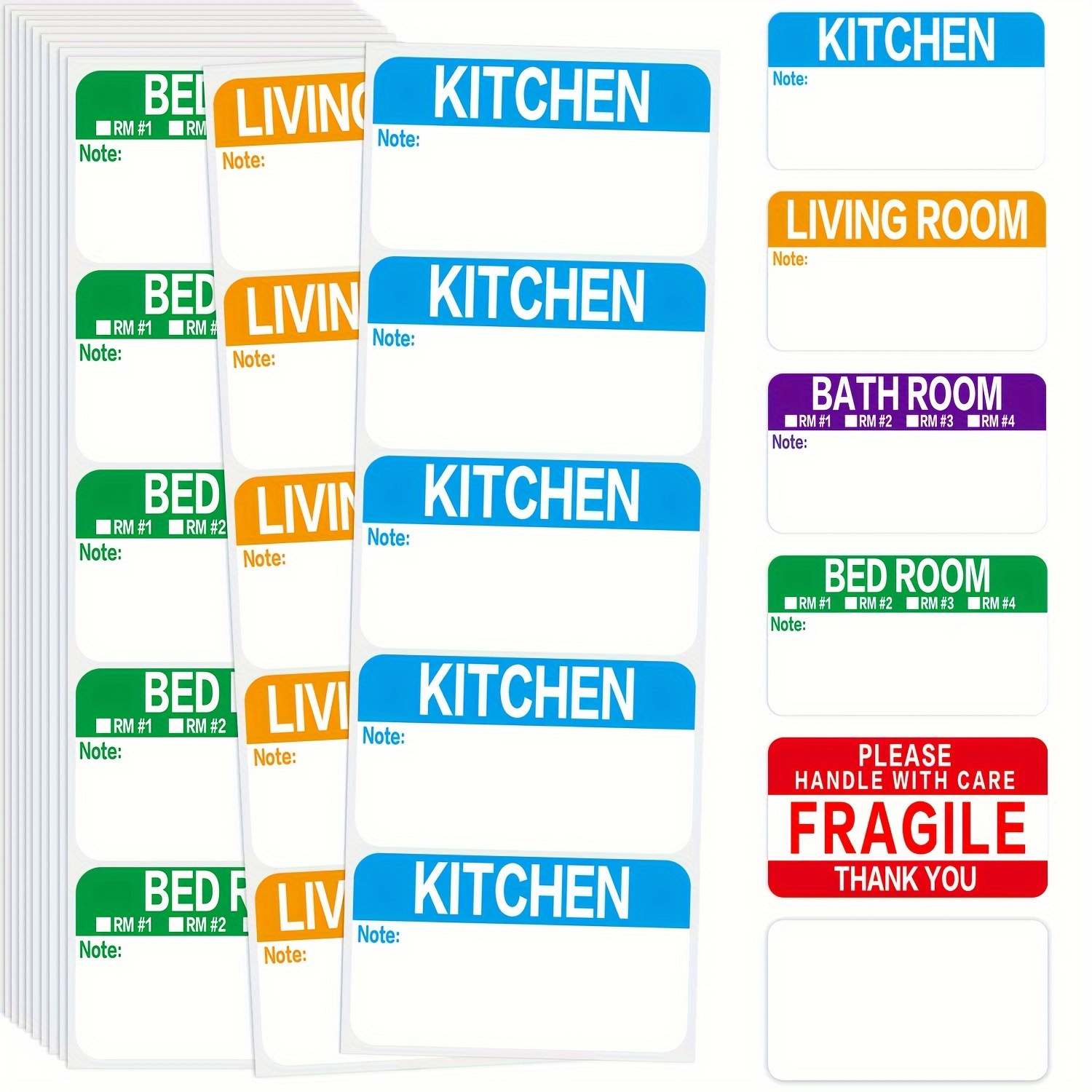 

300 Pcs 3.5 X 2" Large Household Moving Box Labels: Suitable For 3-4 Bedroom Homes With Remarkable Areas - 6 Color-coded Moving Labels + Fragile Stickers