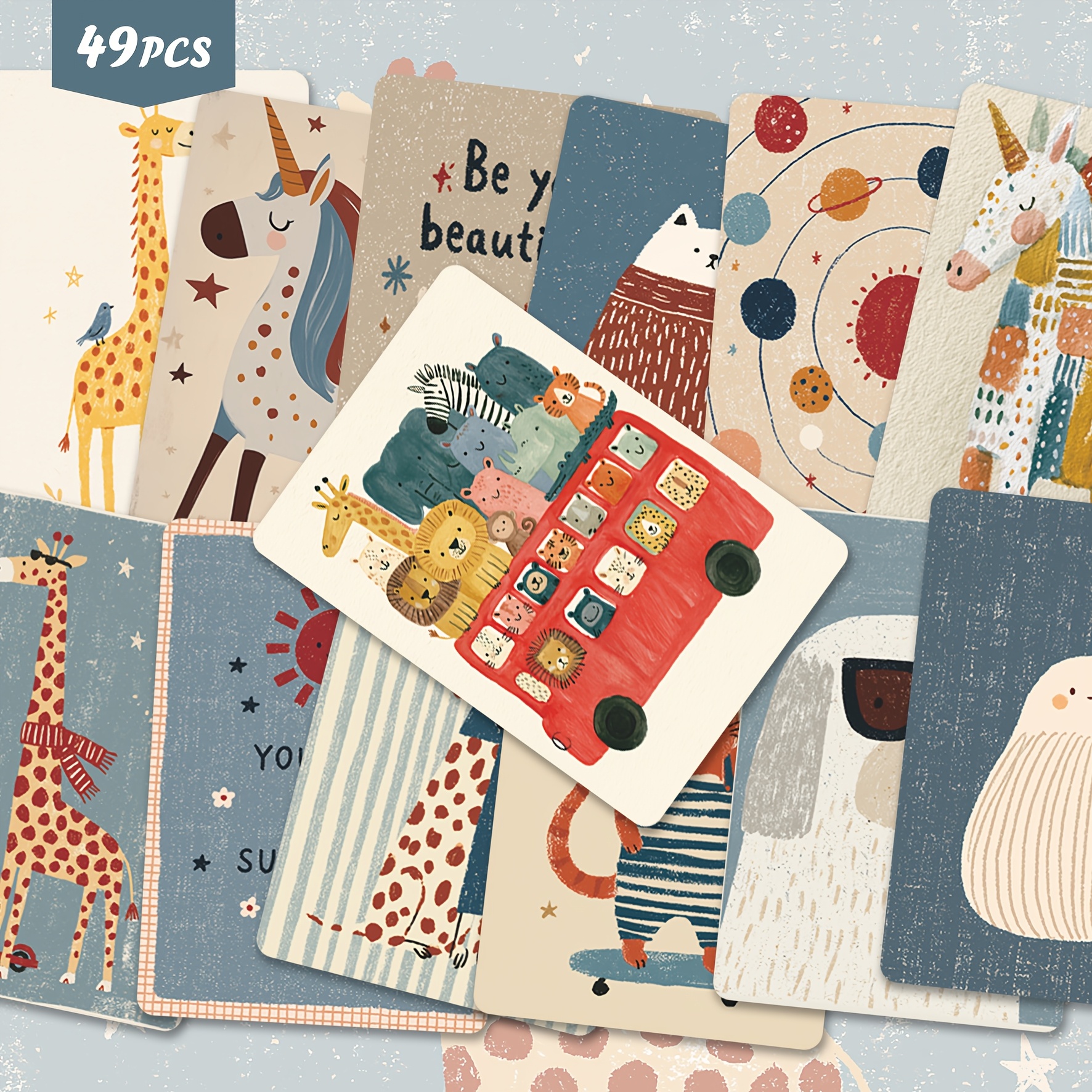 Image of 49pcs Cute Animal Illustration Card Stickers Pack, Whimsical Giraffe Bear Unicorn Cartoon Art Cards, Aesthetic Journal Decoration Cards For Diy Crafts And Gift Packing