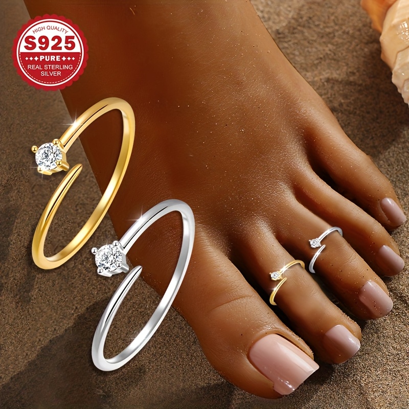 Women's S925 Sterling Silver Adjustable Open Toe Ring with Zirconia