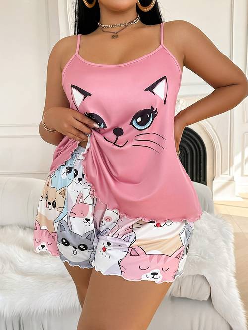 cute womens cat print tank top and shorts comfortable soft cartoon print pajama set for spring summer