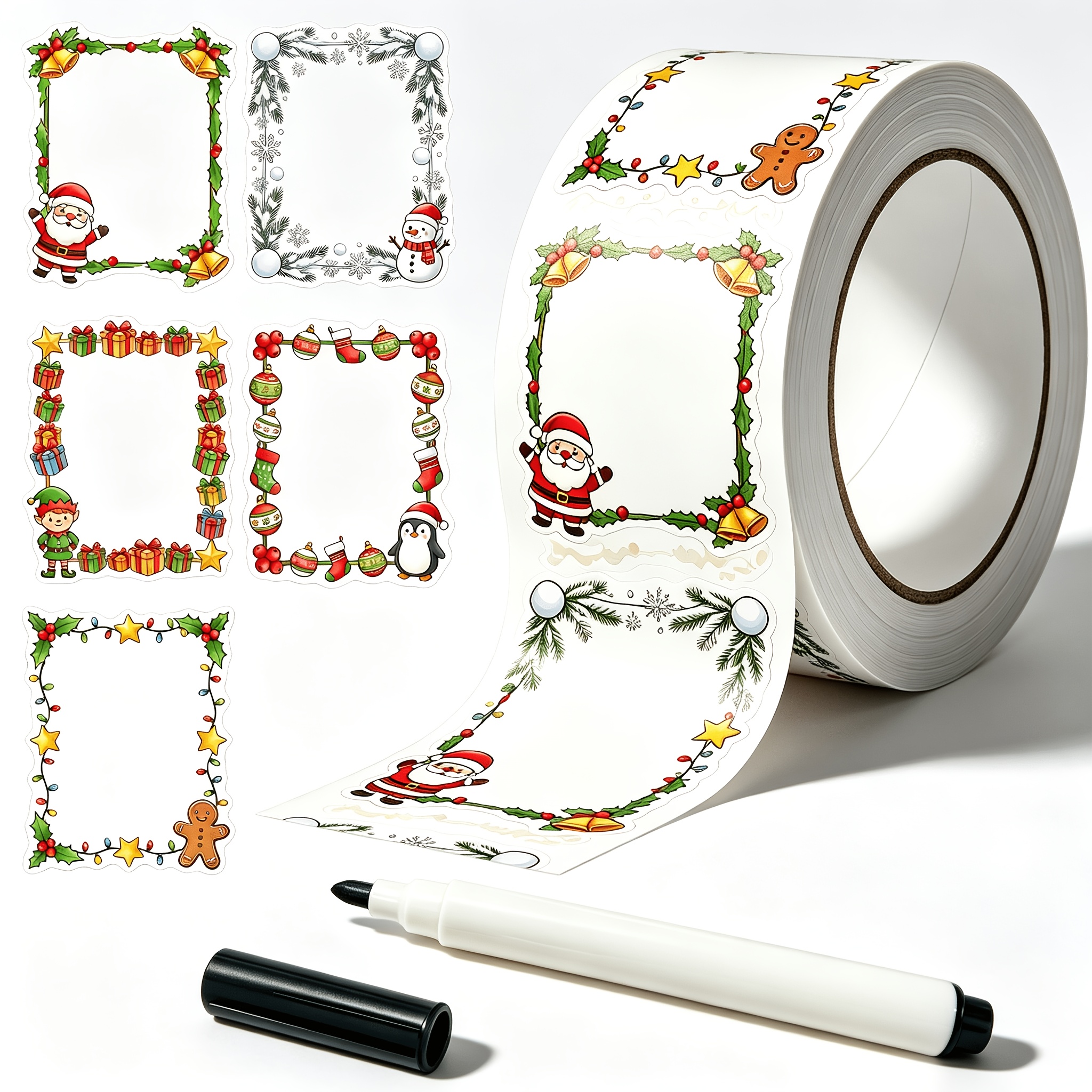 TEMU Rouleau de 200 autocollants de bordure portables à thème de Noël, 1 stylo , étiquettes inscriptibles, 5 , 1.6*2 pouces, étiquettes-cadeaux de