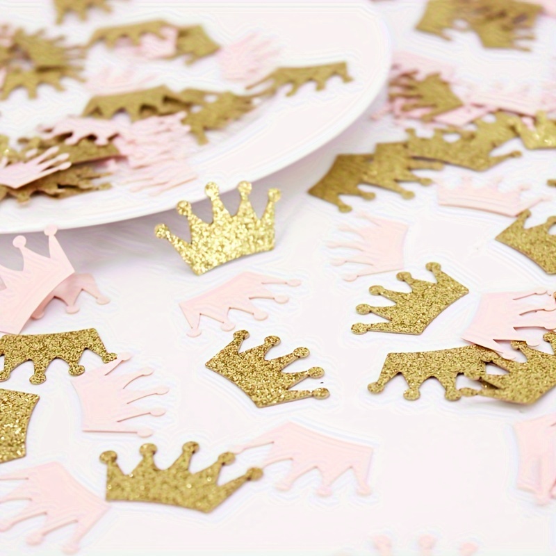 

100pcs Sparkling Golden & Pink Crown Confetti - Birthdays, Weddings, Engagements, Valentine's Day & Princess Parties, Princess Party Decorations