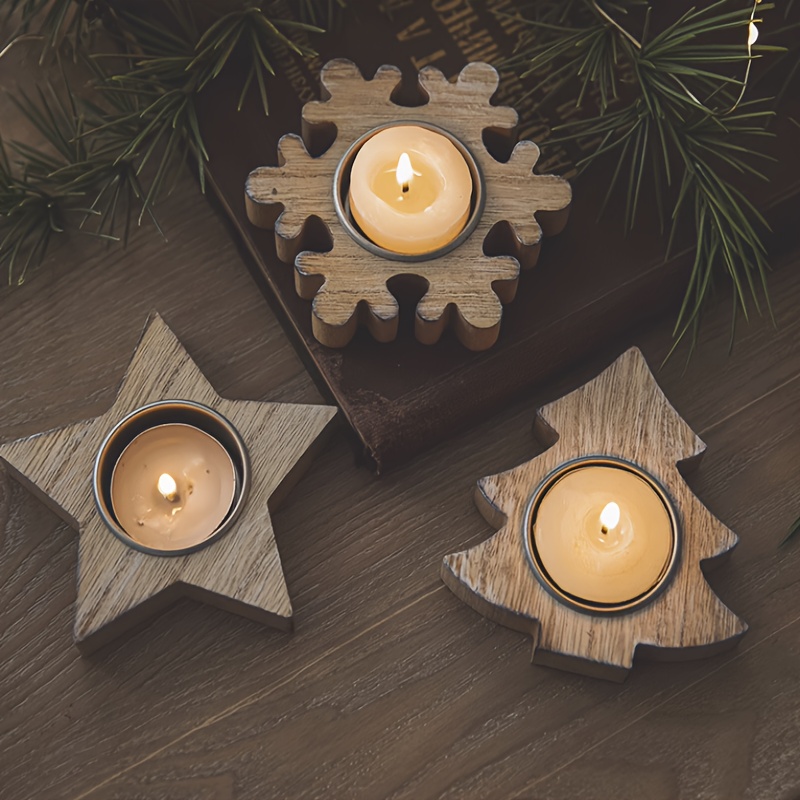 

3pcs Set Christmas Wooden Candle Holders - Snowflake & Star Shapes For Tabletop And Window Decor, Ambiance, Christmas, Wooden Snowflake, Candlestick, Decoration