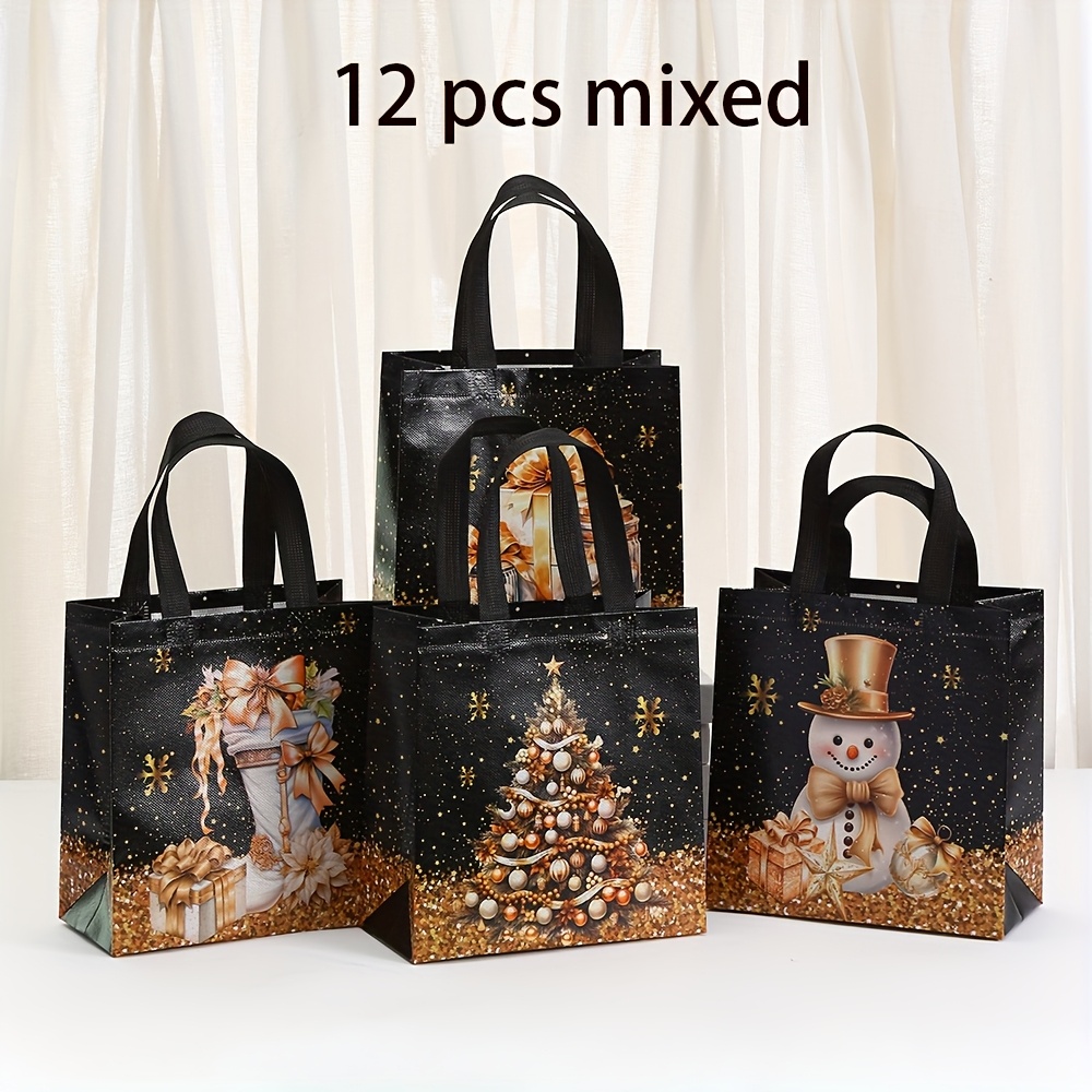 Christmas Non-woven Gift Bags With Handles Xmas Black And Golden Bag Gift Bags, For Party Supplies Shopping Bag