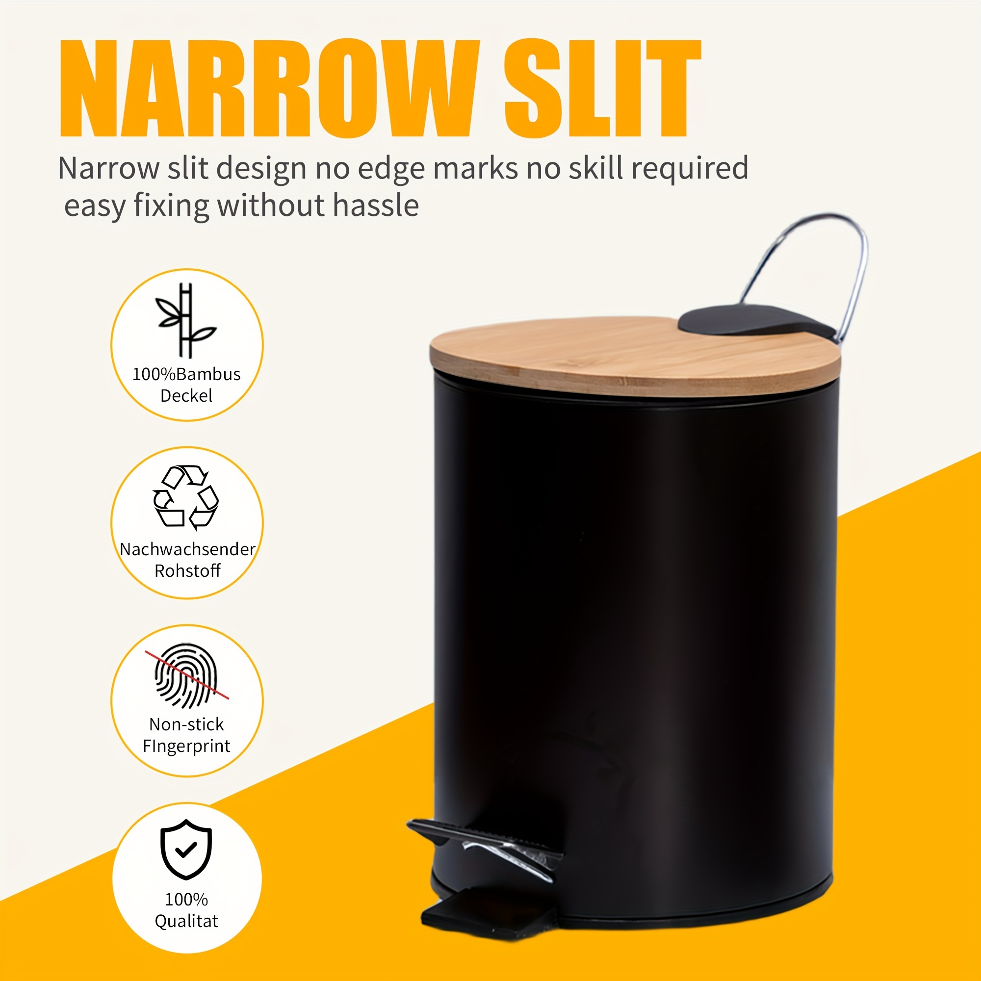 

3l Step-on Metal Trash Can With Quiet Close Lid, Cylindrical Powder Coated Waste Bin For Kitchen, Living Room, Bathroom - Bamboo Top, No-electricity Operation, Narrow Gap Design