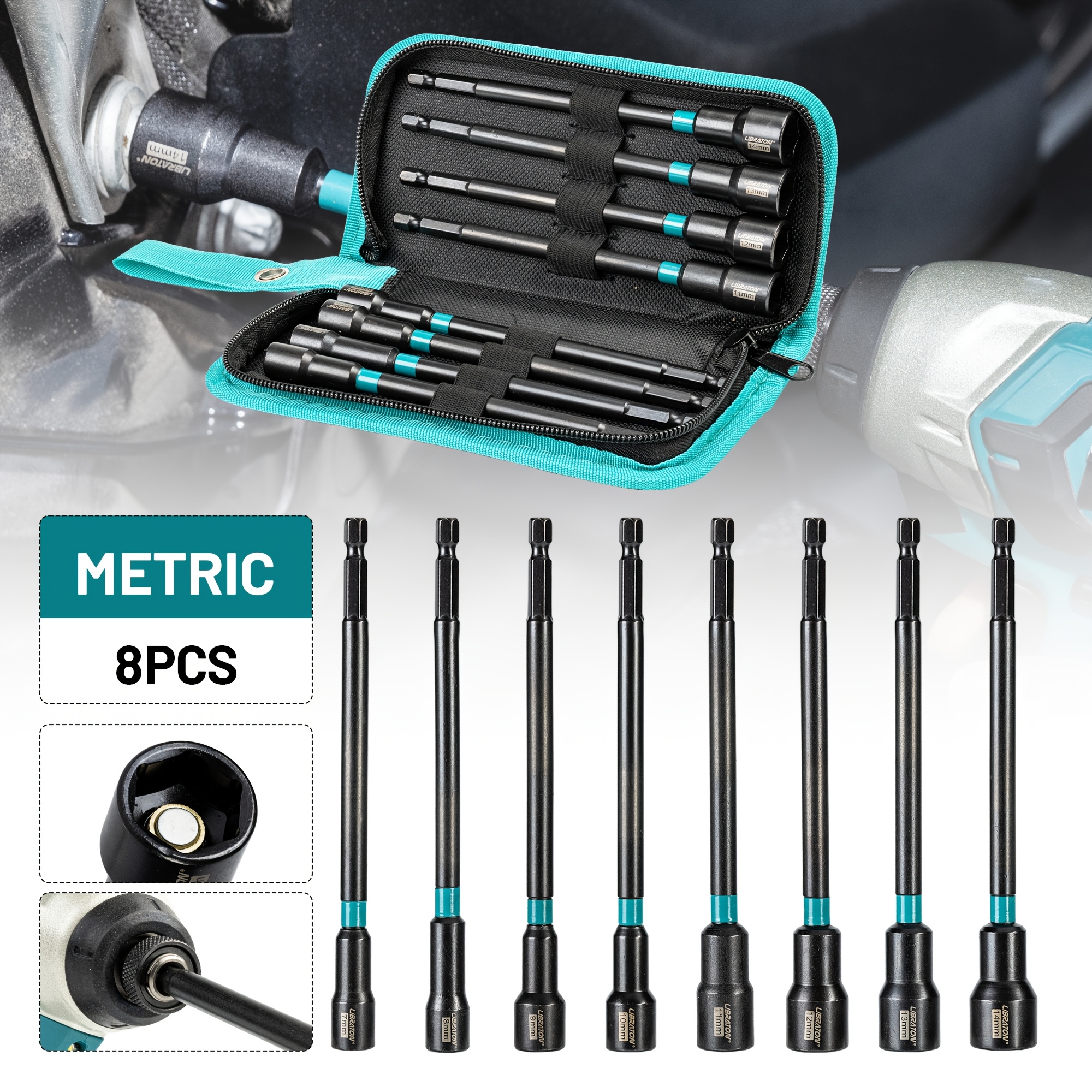 TEMU Libraton 8pcs Magnetic Hex Socket Set, Long Nut Driver 6 Inch, Metric Shaft Nut Driver For Hammer Drill, 1/4 Inch Hex Shank, With Storage Bag,