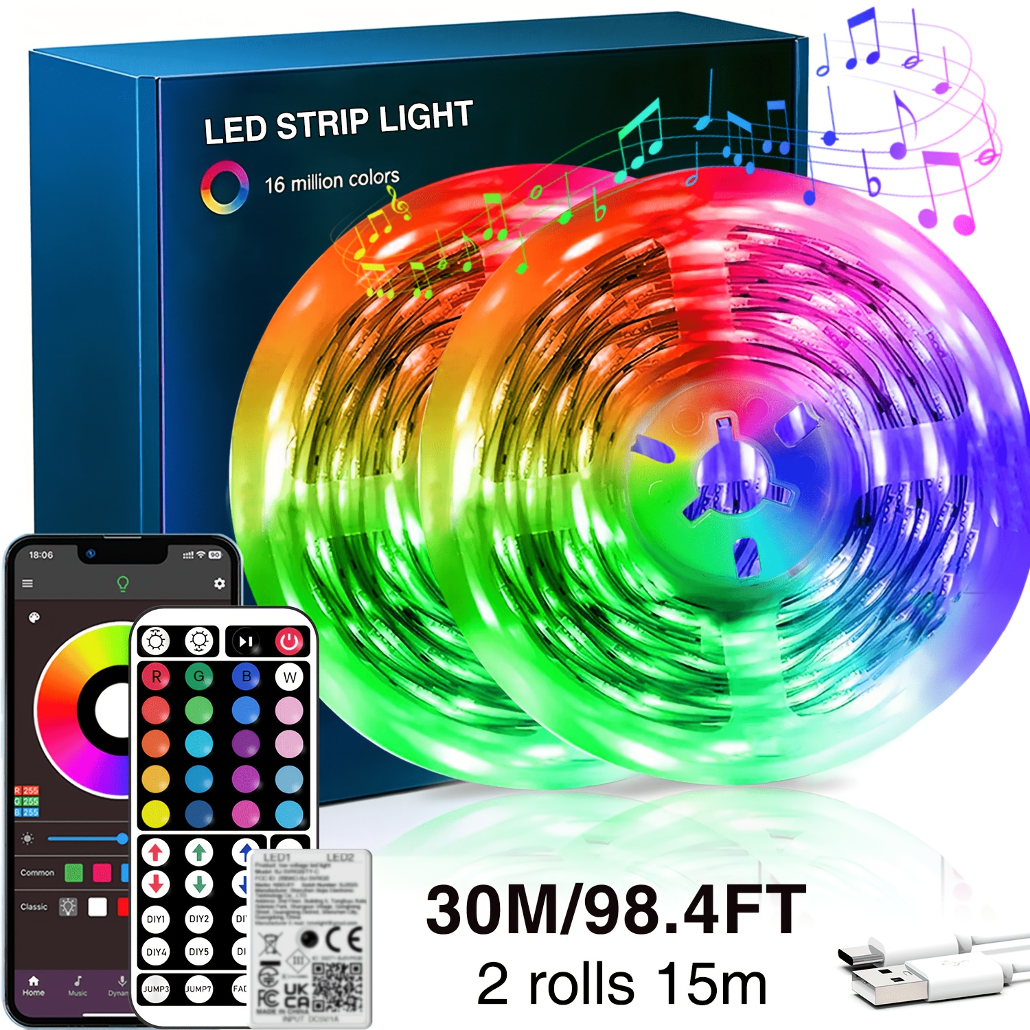 Nbbuff Led Strip Lights, Music Synchronized, Dimmable, Timer, 44-key Remote Control, Usb Powered. Led Lights For Bedrooms, Kitchens, , And Party Multiple Colors . Led Lights For Room, Room Decor