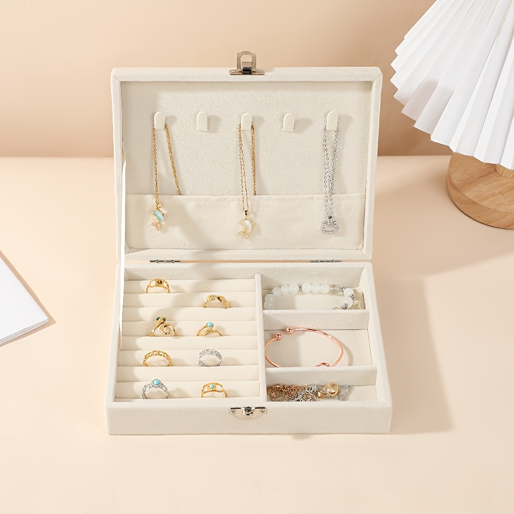 1 caja de organizador de joyas de lujo de terciopelo con cierre - Elegante almacenamiento de collares, pendientes y anillos, negro, gris, beige - Diseño contemporáneo, exterior de tela, interior suave, perfecto para exhibición en escritorio, caja de regalo de joyas, cajas de joyas