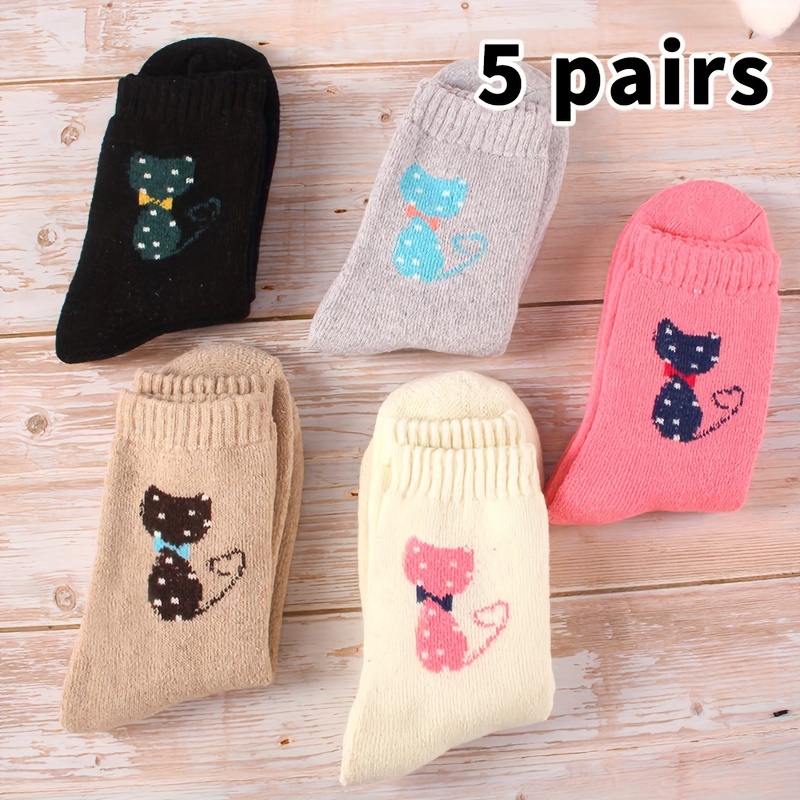 Image of 5 Pairs Kitten Style Women's Mid-calf Terry Socks Autumn Winter Thickened Fleece Warm Socks Winter Towel Socks