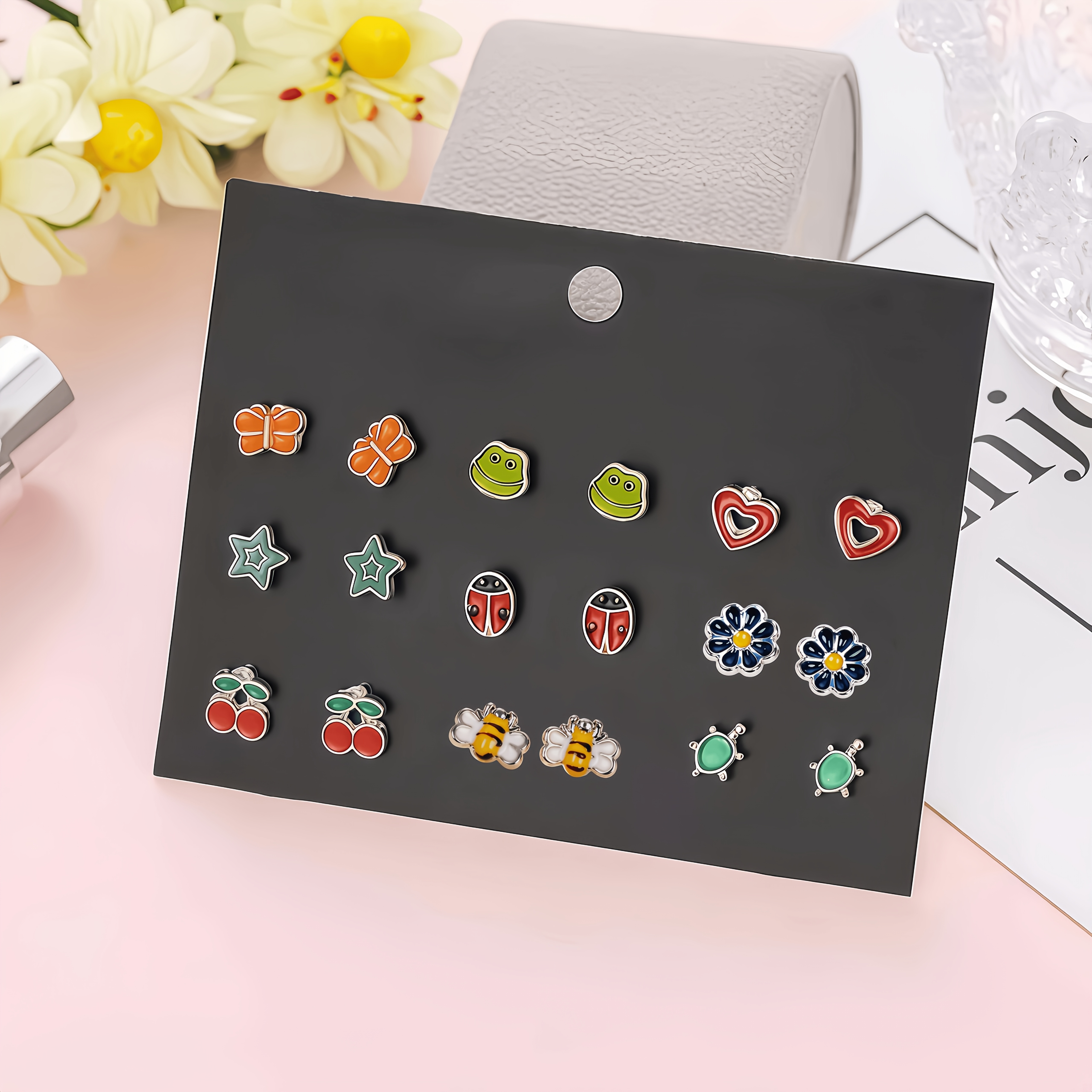 TEMU 9 Pairs For Women, Cute Insect And Fruit Stud Earring Set, Hypoallergenic, Ladybug, Bee, Frog, Flower Earrings, Sweet Cartoon Fashion Jewelry