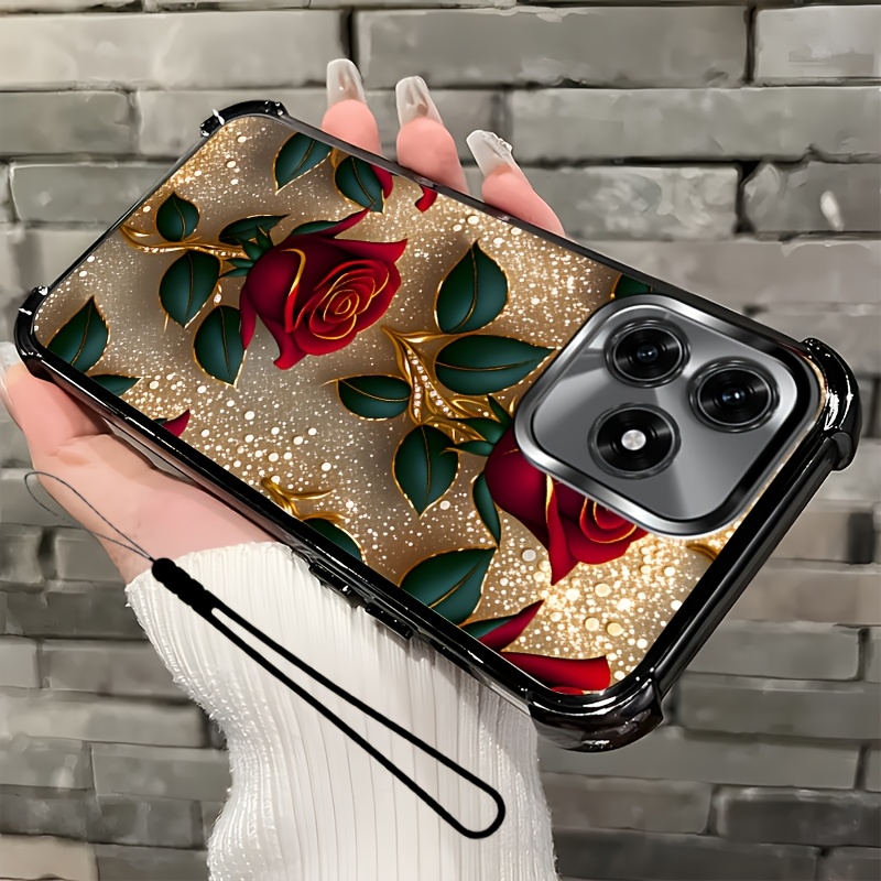 TEMU Phone Case: 2d Flat,2pcs Set: Includes 1 Phone Case + 1 Strap,shimmering Rose 2d Flat, Phone Case,suitable X5c,unisex Lanyard Phone