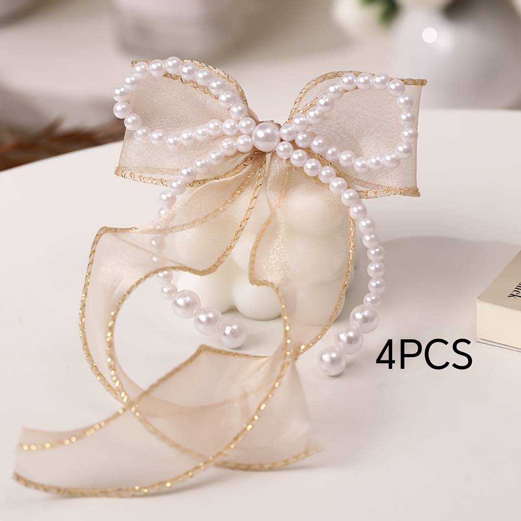 TEMU 4pcs Pure Handmade Pearl Bows, Craft Decoration, Suitable For Bouquet Wrapping, Wedding, Birthday, Party Gifts, Valentine's Day Gifts, Cake
