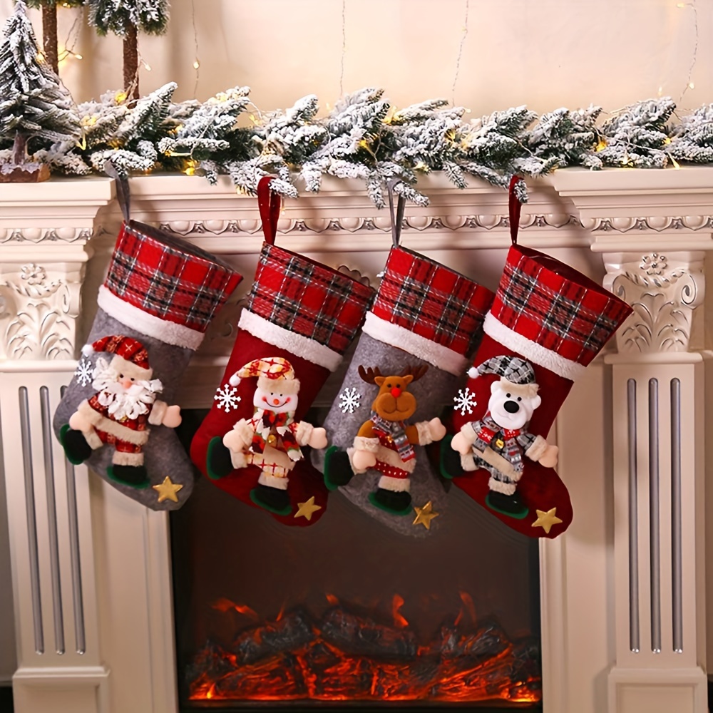 

4pcs Classic Cloth Buffalo Socks Hanging On The Fireplace, , Santa Claus, Snowman, Reindeer, Decorative Socks For Christmas Party Decoration