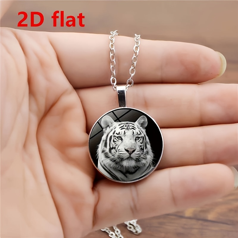 Unisex White Tiger Pattern Glass Pendant Necklace