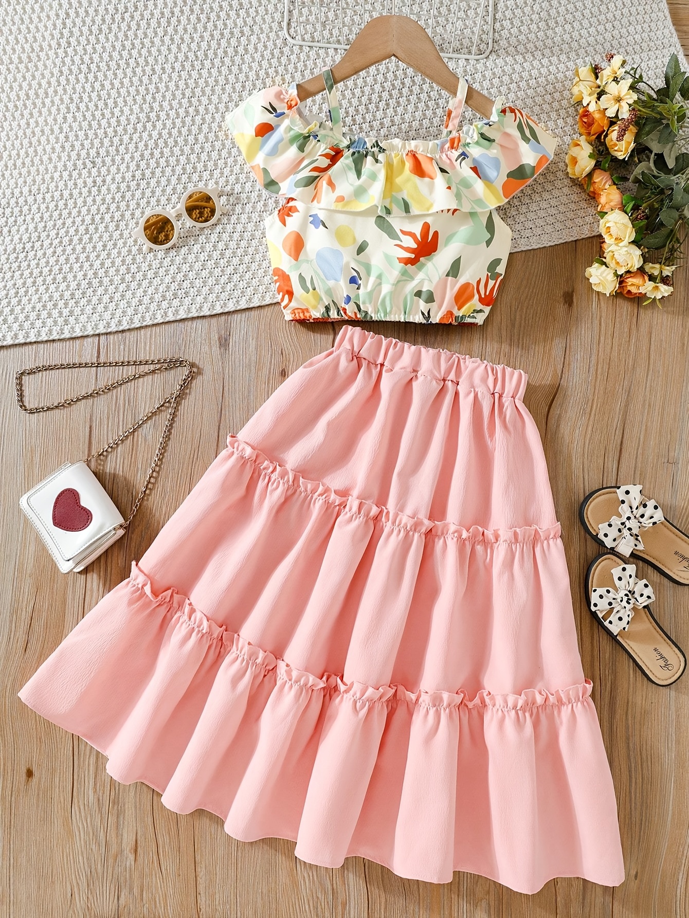 floral suspender top long skirt girls outfit elegant style