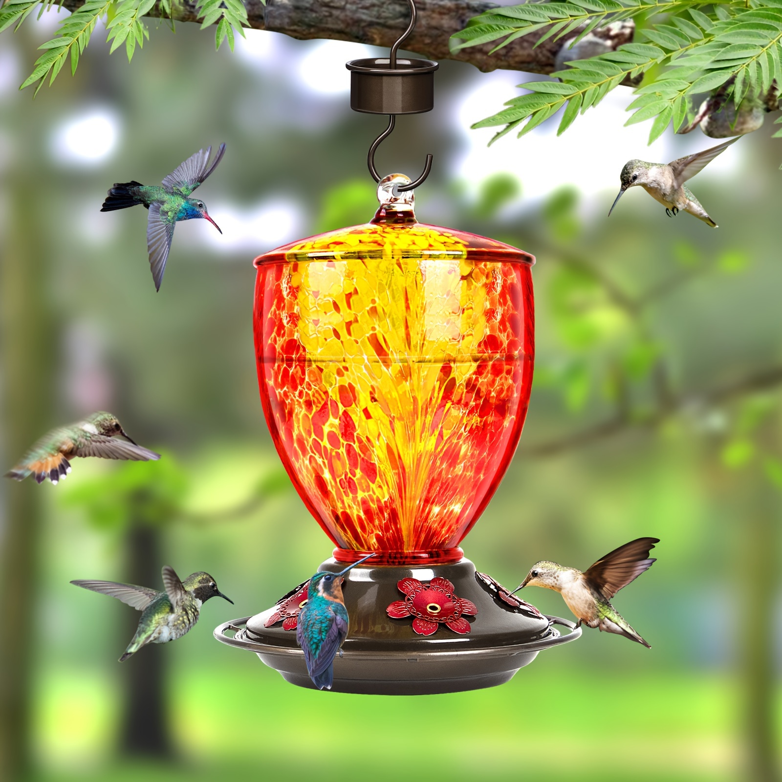 

Hummingbird Feeder, 30oz Hummingbird Feeders For Outdoors, Hand Blown Glass, 5 Feeding Ports With Perch