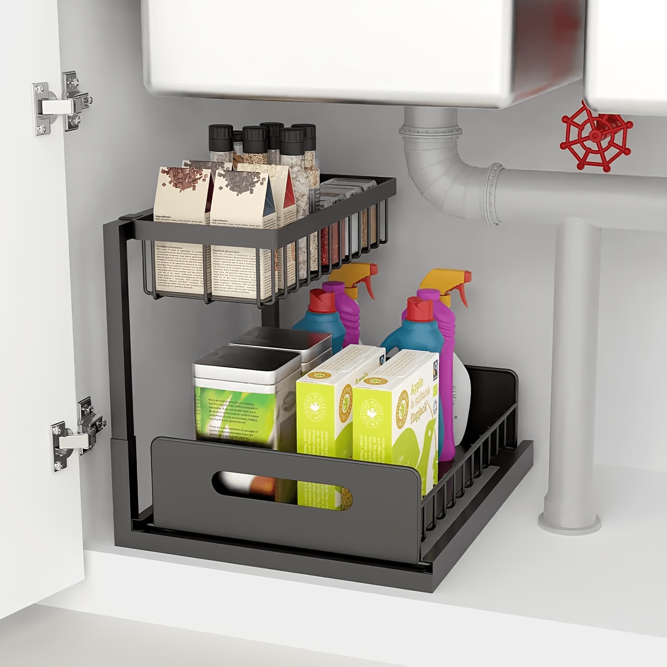 TEMU 1pc Water Tank Under Storage Rack, 2-layer Cabinet Storage Rack With Pull-out Drawer, Pull-out Sink Under Storage Cabinet, Kitchen Bathroom