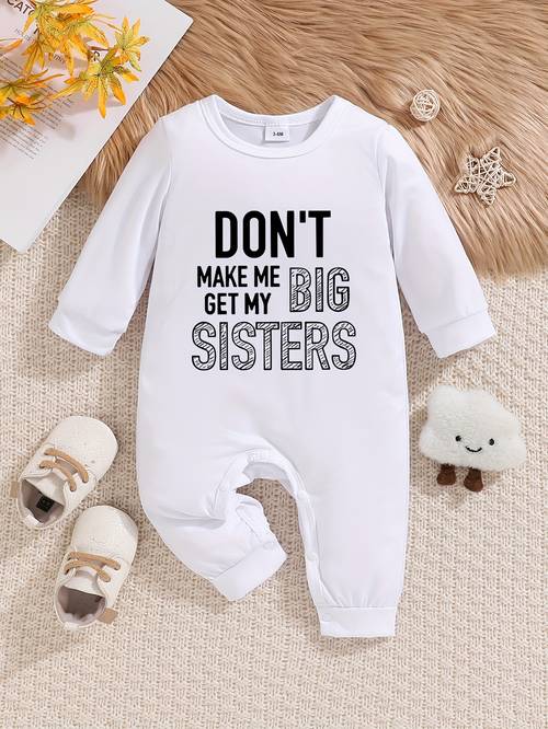 jumpsuit - unisex romper met lange mouwen en dont sisters print, zacht wit & zwart letterontwerp, machinewasbaar lente/herfst outfit voor kinderen, veilige drukknoopsluiting, gemakkelijke luierwissel, ademende stof, ouderlijke cadeau, perfect voor buiten