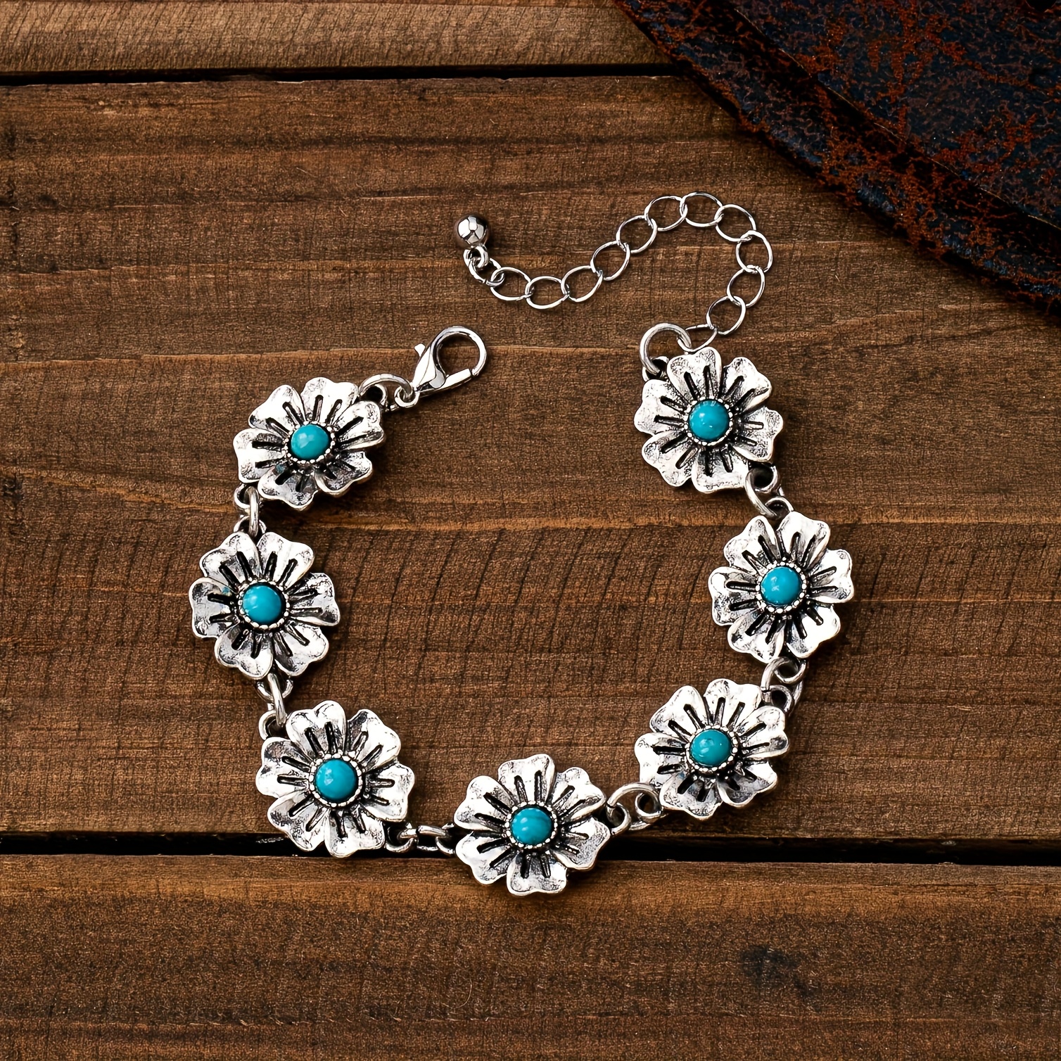 E-shop Damen-Modickelarmband im Used-Look im Boho-Stil für Frühling/Sommer, mit türkisfarbenem Blumenmuster, für Urlaub, , vielseitig verschenkbar, im