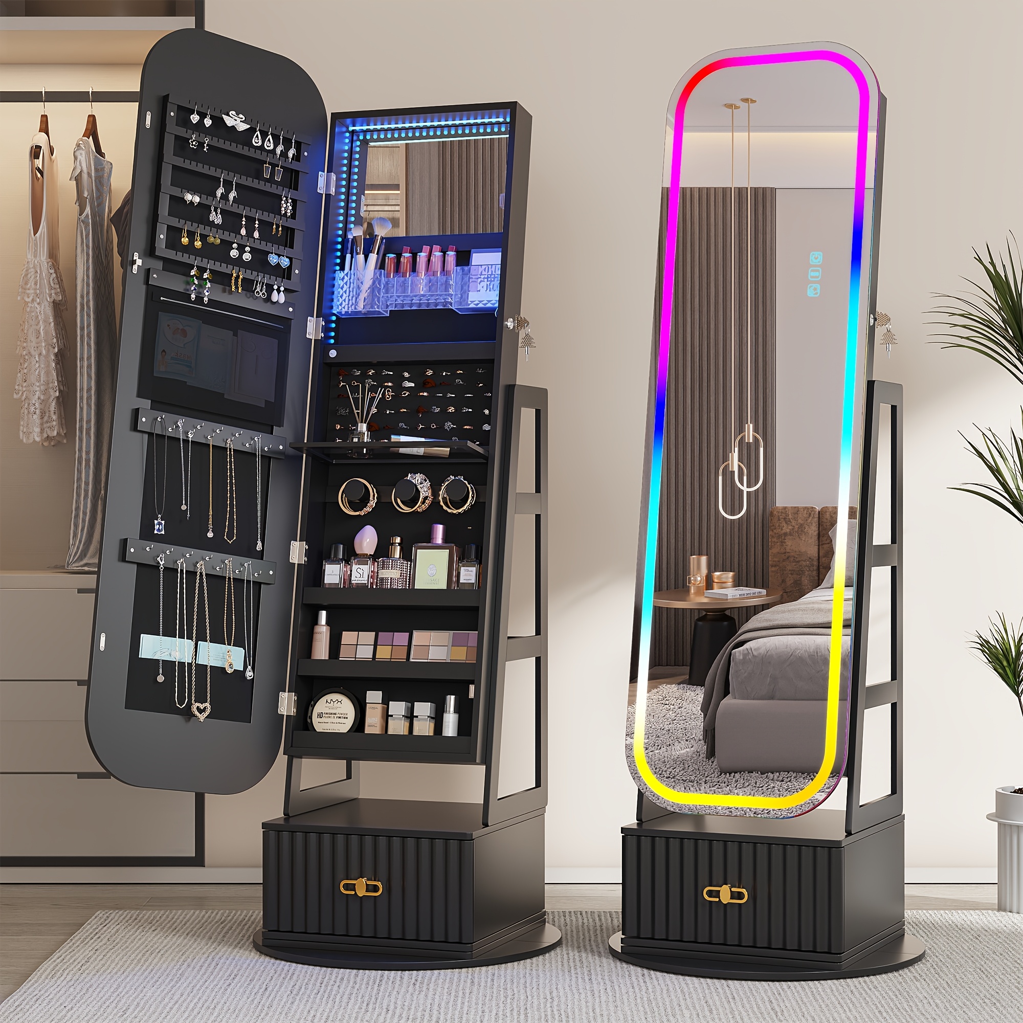 Lockable Vintage-Inspired 360° Swivel Jewelry Mirror Cabinet with Lights - Full Length Organizer with Storage Drawer for Bedroom Decor - Image 5