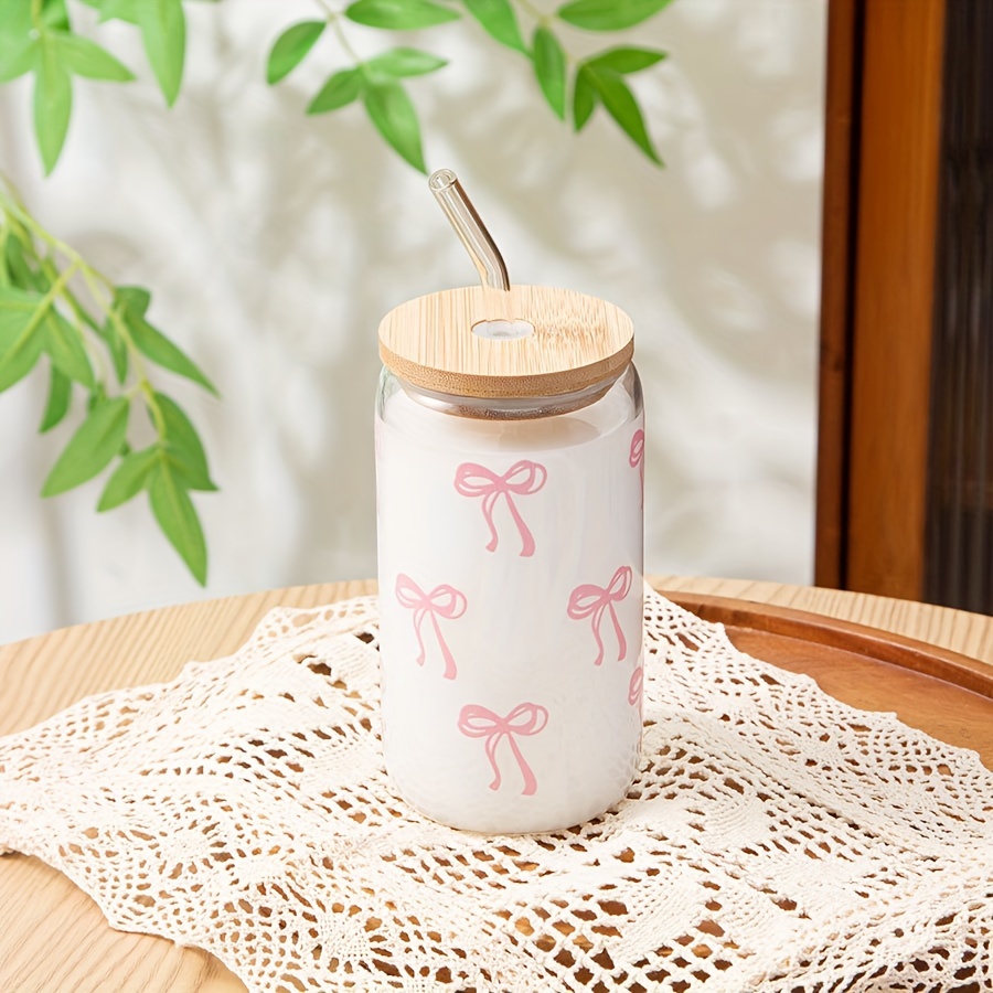 

1pc Yumiplus 16oz Glass With Bamboo Lid & Straw - Reusable, Dishwasher Safe, Insulated For Drinks, , Iced Tea, Coffee - Cute Kawaii Design, Yumiplus