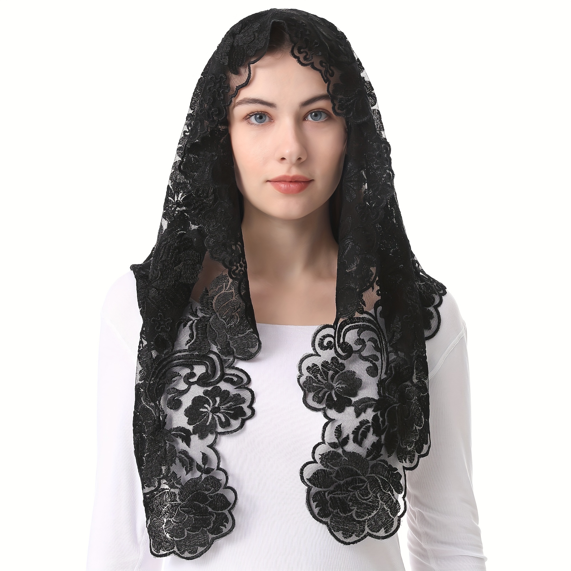 

Women's Catholic Mass Mantilla Veils - Peony Embroidery Spanish Style Triangle Head Covering Lace Veils For Church