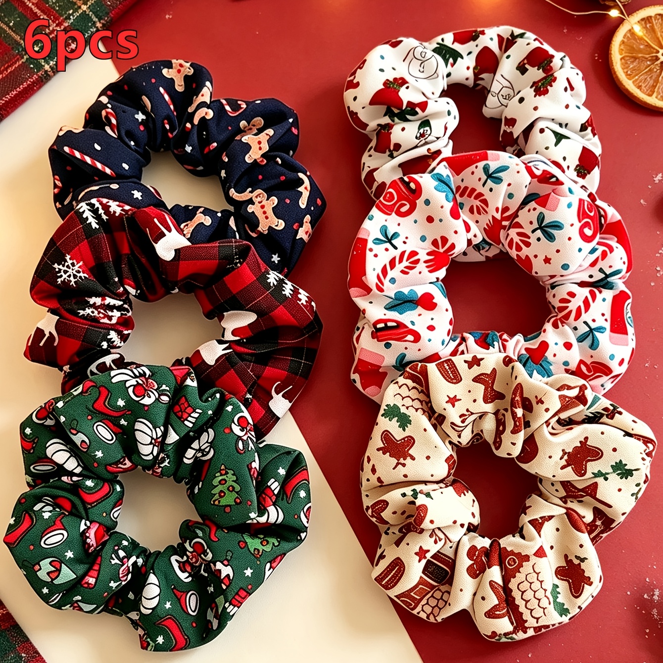 TEMU 3/6pcs Christmas Scrunchies, Xmas Print Fabric Hair Scrunchies, Santa Snowflake Gingerbread For Man Plaid Pattern Elastic Hair Ties, Holiday
