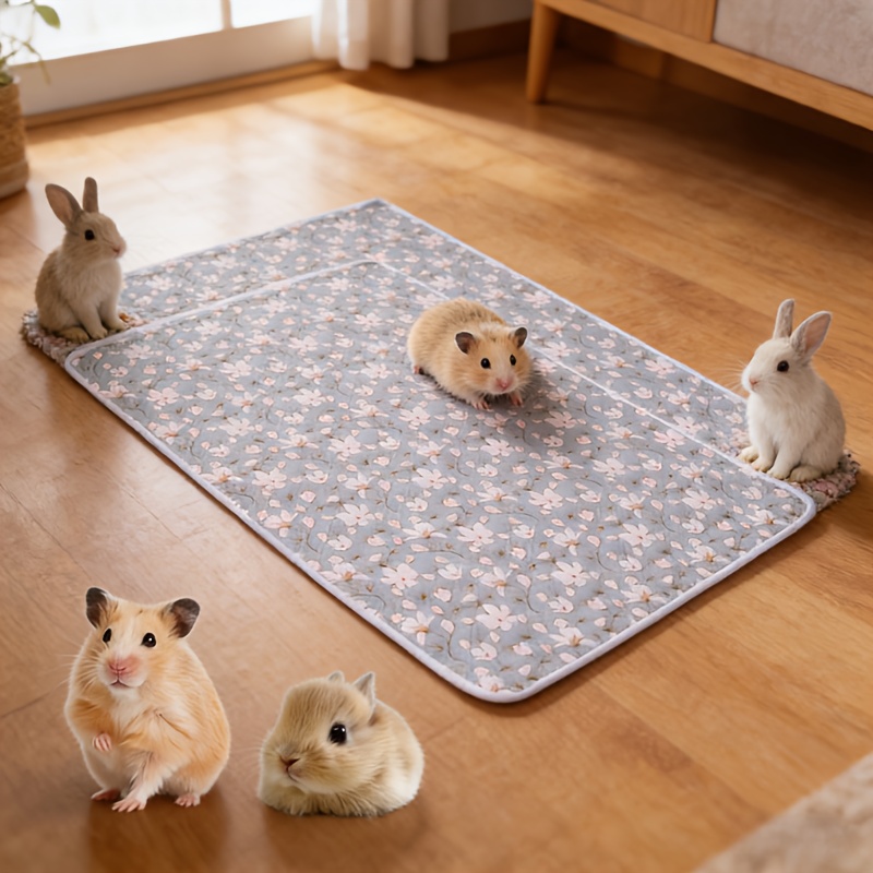 Image of 2026 New Thickened 2-pack Washable Guinea Pig Cage Mat With Gray Base And Pink Floral Pattern - Reusable Absorbent Pad, Universal For Rabbits Hamsters And Small Animals, Pet Supplies