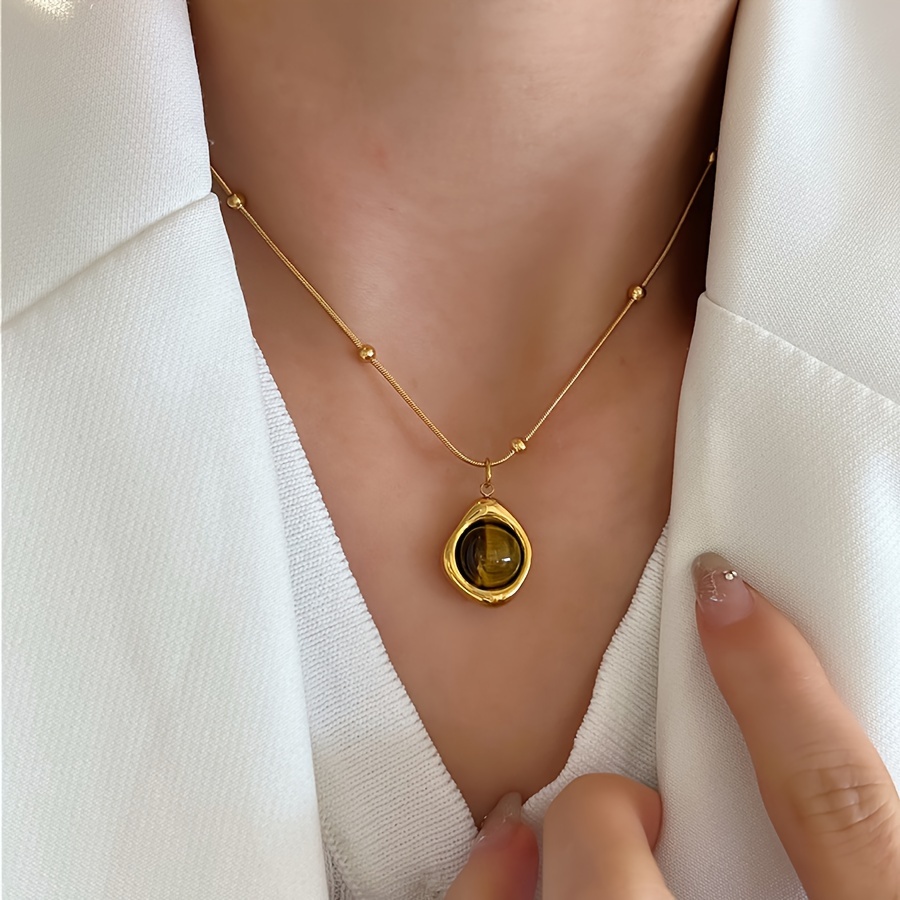 TEMU Vintage Elegant Tiger Eye Pendant Necklaces - Natural Stone Gemstone, No Plating, Gift & Vacation Jewelry For Mardi Gras Day, Versatile