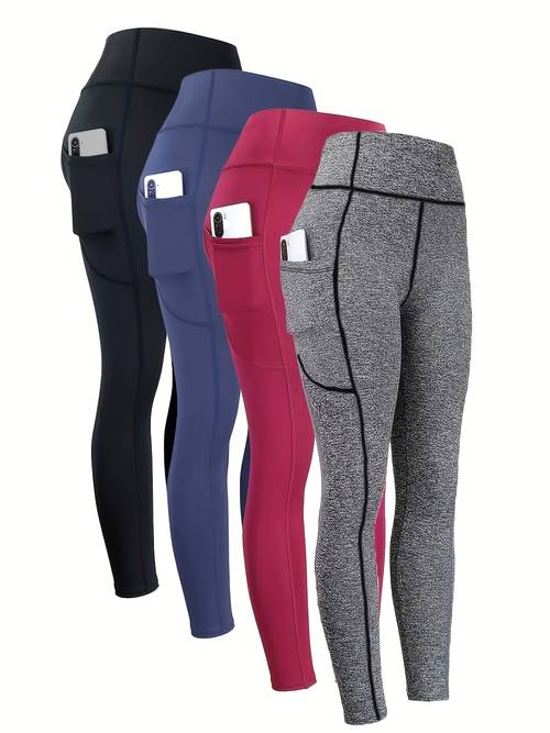 objektbild 4-pack leggings med m- söm, stjärtlyftande kompressionstights med sidoficka för telefon, passform