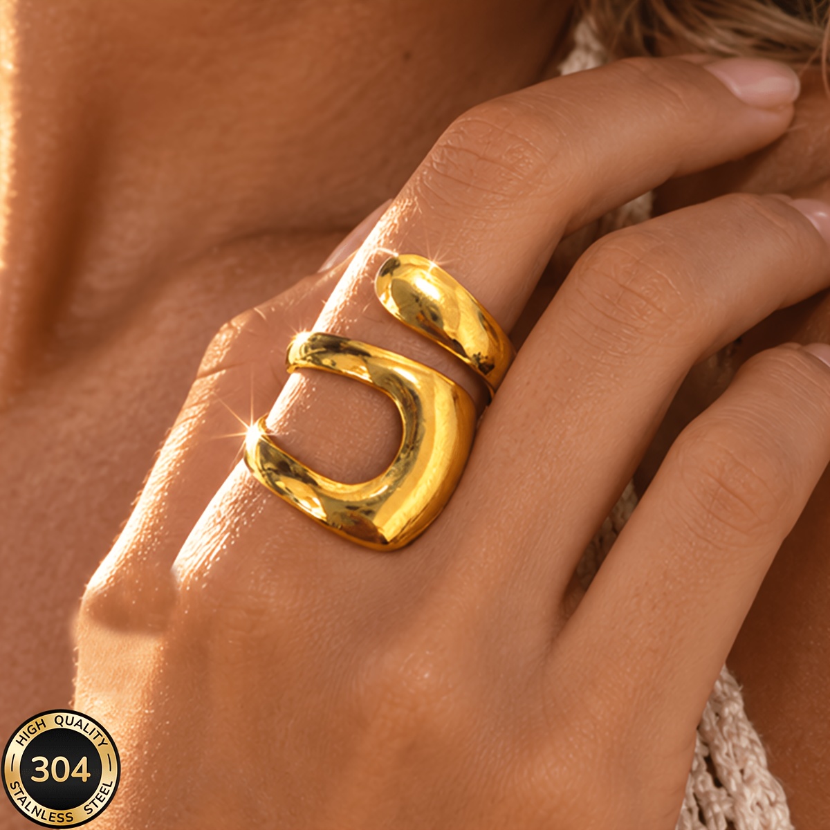 18K Gold-Plated Stainless Steel Open-End Ring, Delicate Style