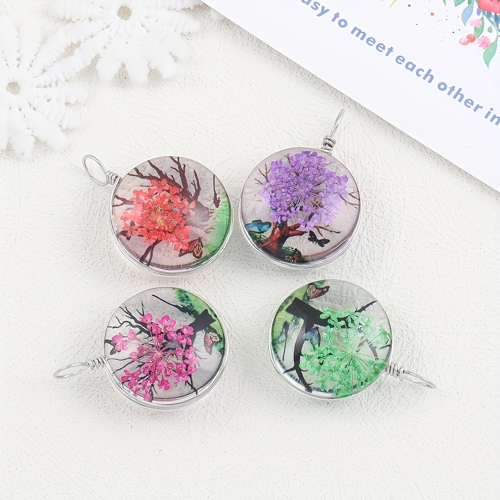 TEMU 4pcs Lace Detail Dried Flower Tree Pendants - Transparent Resin Beads For Diy Necklace & Bracelet Jewelry Crafting