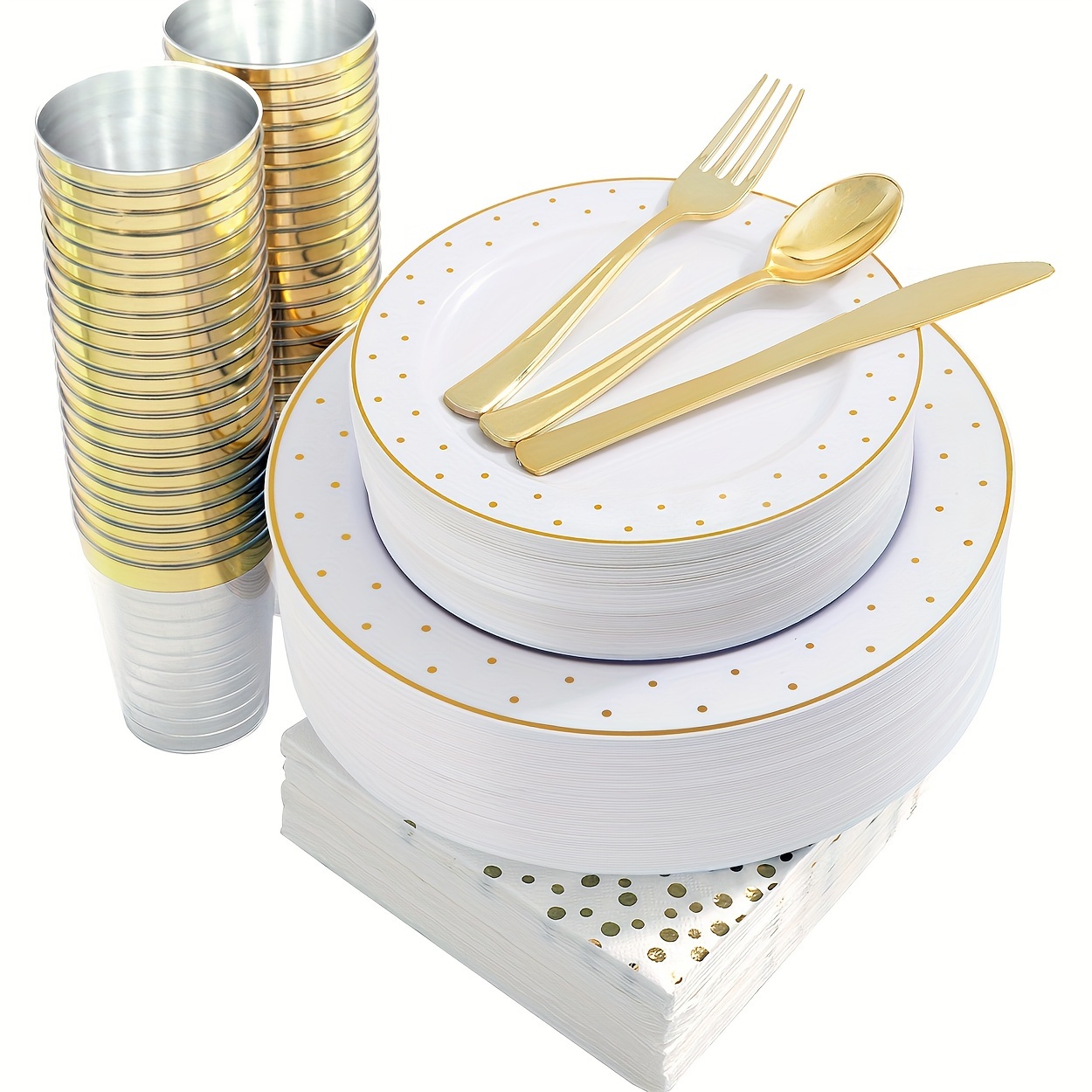 

350 Pcs Golden Dot Plastic Dinnerware, Golden Plastic Plates Set : 50 Dinner Plates, 50 Dessert Plates, 50 Knives, 50 Forks, 50 Spoons, 50 Cups, 50 Napkins For Wedding