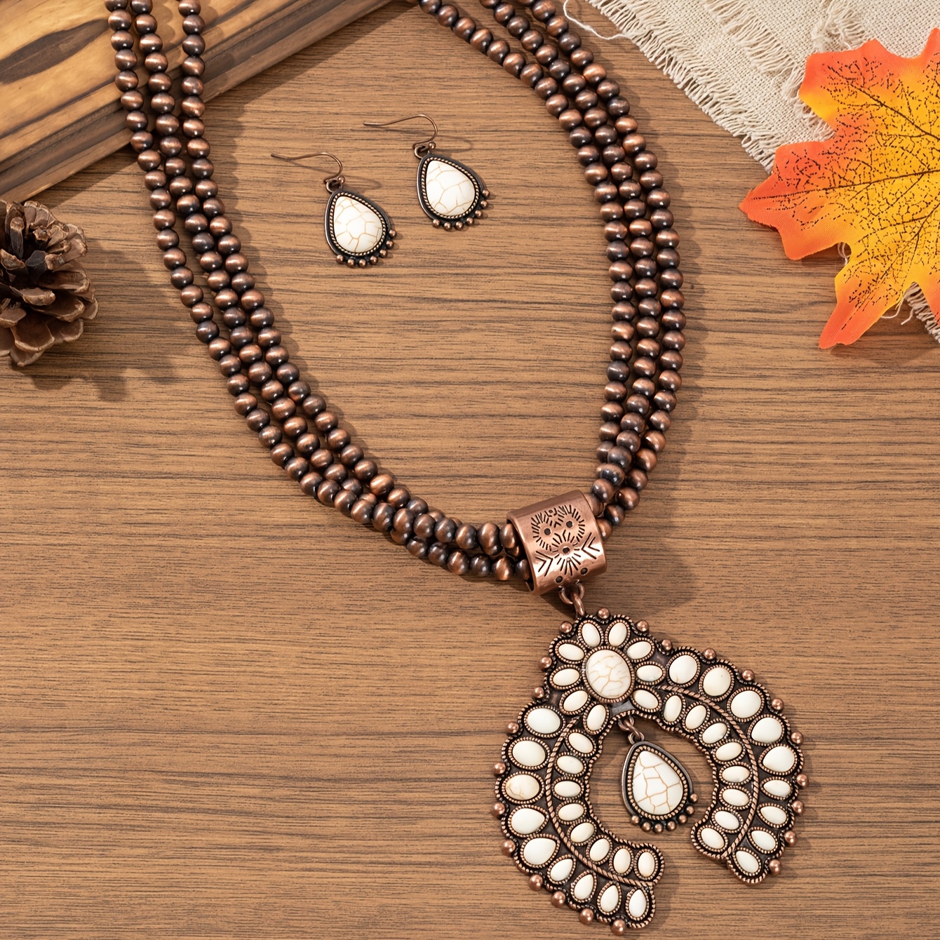 TEMU Ensemble collier et boucles d'oreilles à perles manuelles en , style bohème occidental rétro pour femmes, idéal pour et l'hiver, à et en
