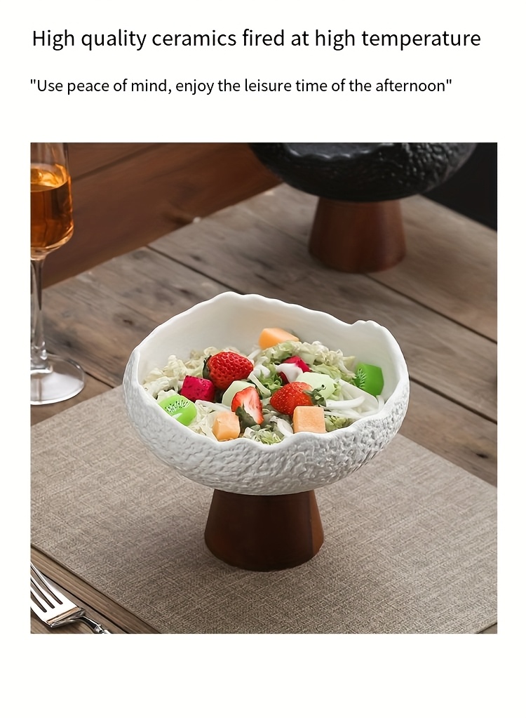 1pc Wooden Foot Ceramic High Fruit Plate, Multi-Functional Ceramic Bowl, Chinese Creative Tea Heart Plate, Nut Cake Fruit Dessert Plate, Suitable for Tea Rooms, Restaurants, Hotels And Families