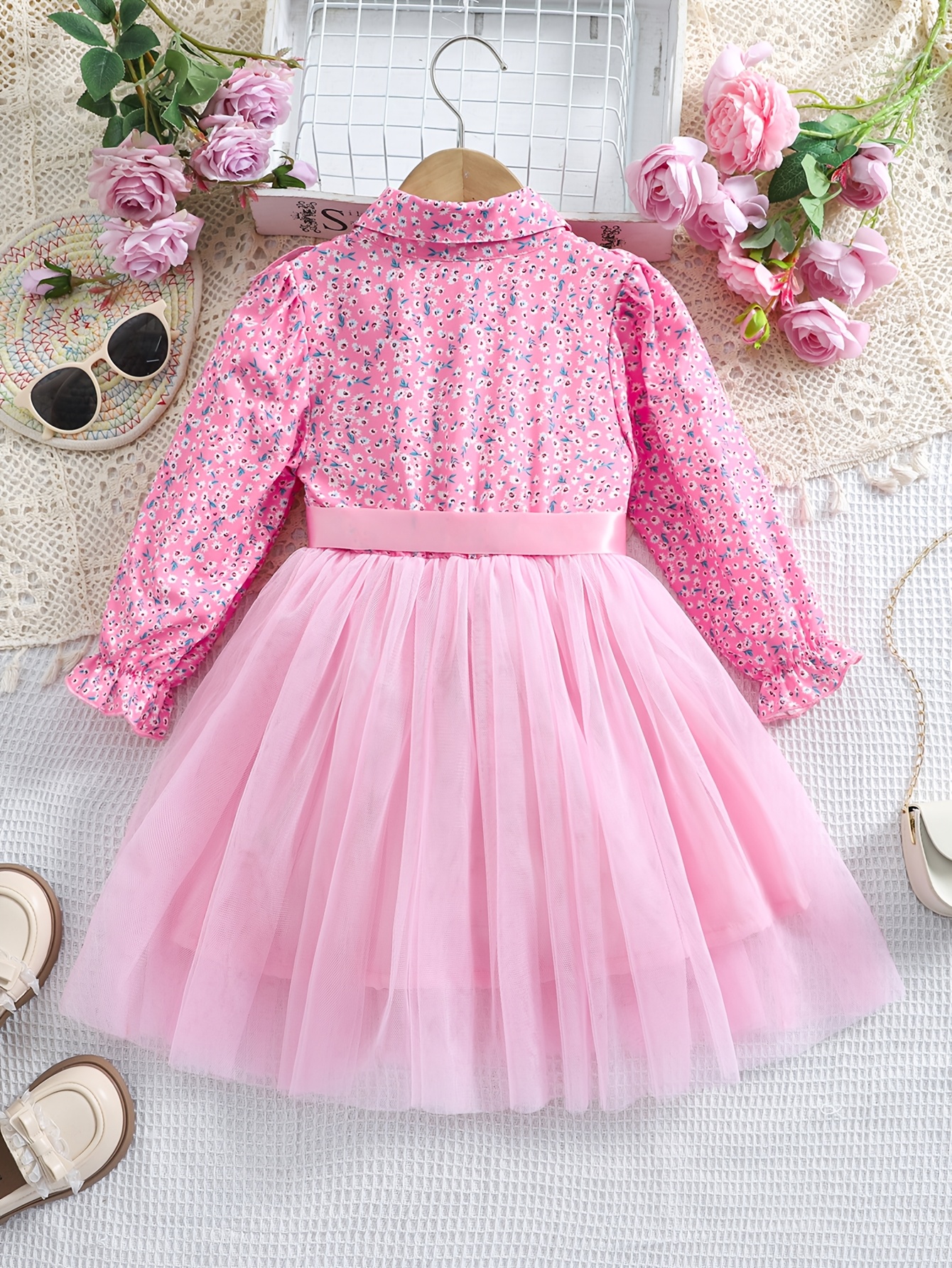 Girl's Dress, Long-sleeved Collared Shirt Dress, Fashionable and Elegant  Small Floral Pattern, Mesh Panel with * Hem and Waist Tie Knee-length  Dress, Non-stretch, Birthday Gift for Girls, Suitable for ...