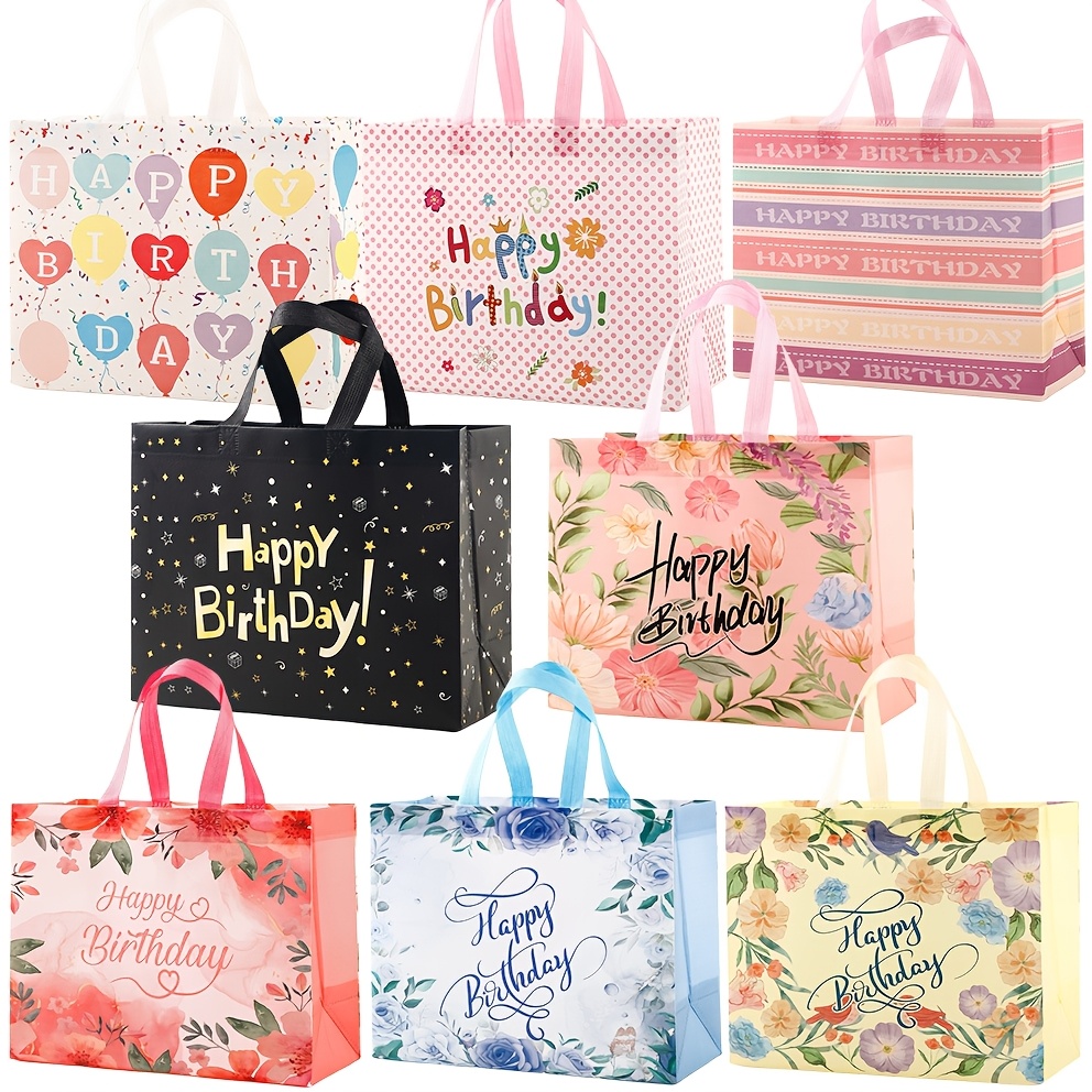 E-shop 8/16/24 Stück Geburtstags-Party-Geschenktüten mit Griffen - Pastellfarbene Themen (Happy Birthday Text, Herzen, Blumen) – Leichte & stabile